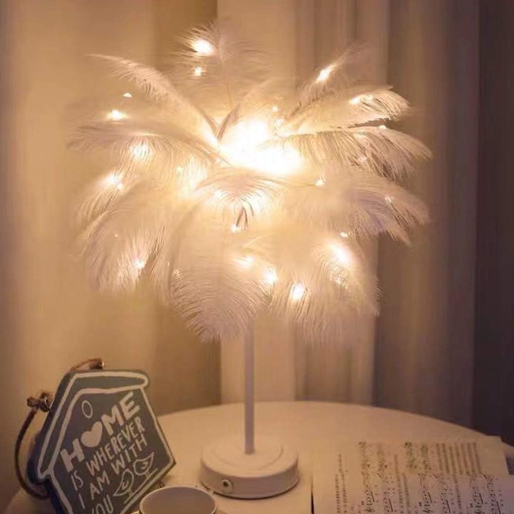 Lampa z piór, prosta lampka nocna z piór, lampa z piór, 2 tryby pracy, odpowiednia do dekoracji tła, prezent - biała