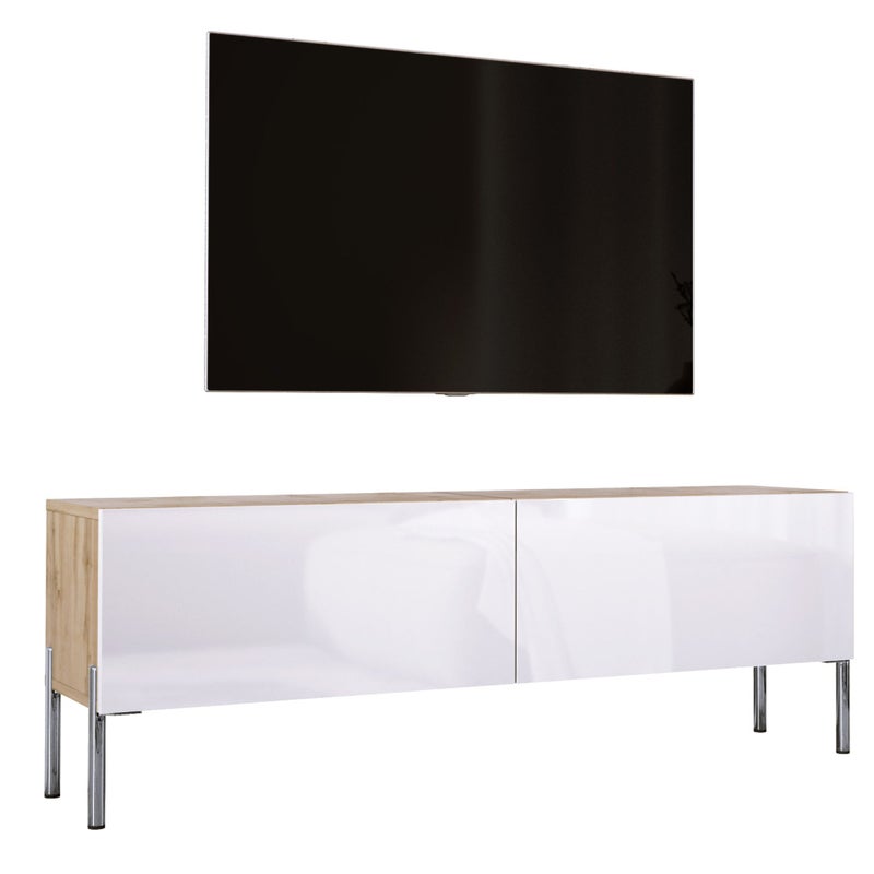 Szafka RTV: Dąb Wotan / Biały Połysk, Nogi Chrom, 140 x 52 x 32 cm