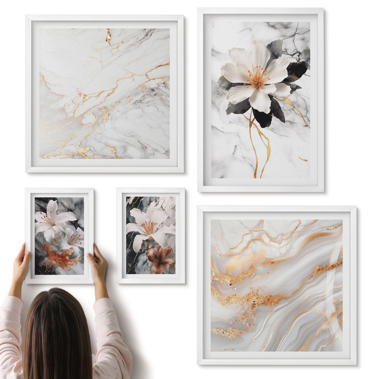 Galeria ścienna 5-częściowy komplet obrazów w białych ramach - Kwiatowe motywy na marmurowym tle w eleganckim stylu - ArtPrintCave