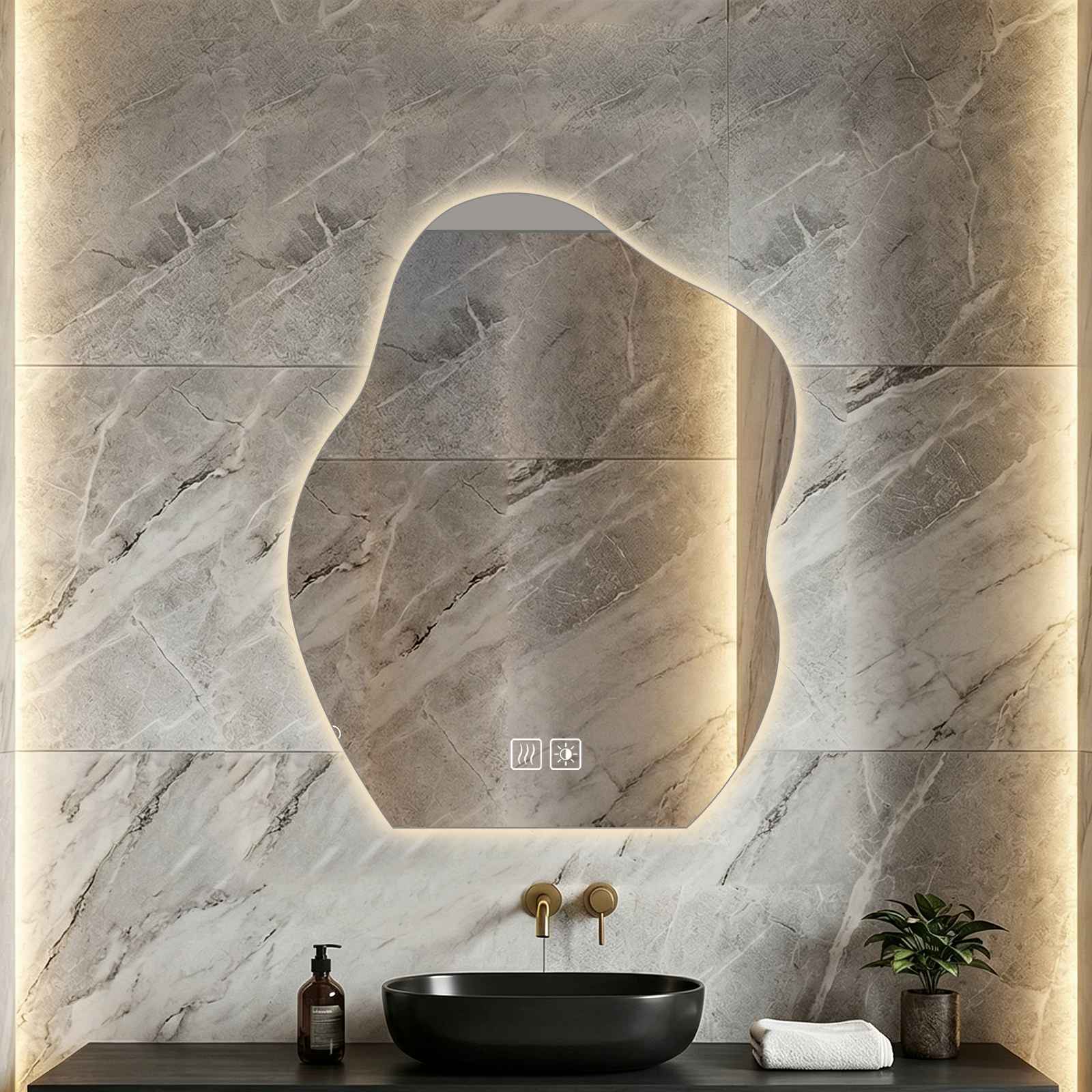 Lustro łazienkowe LED w kształcie kamyka, 70 x 90 cm, przeciwmgielne, sterowanie dotykowe, 3 temperatury barwowe i regulowana jasność, bezramkowe