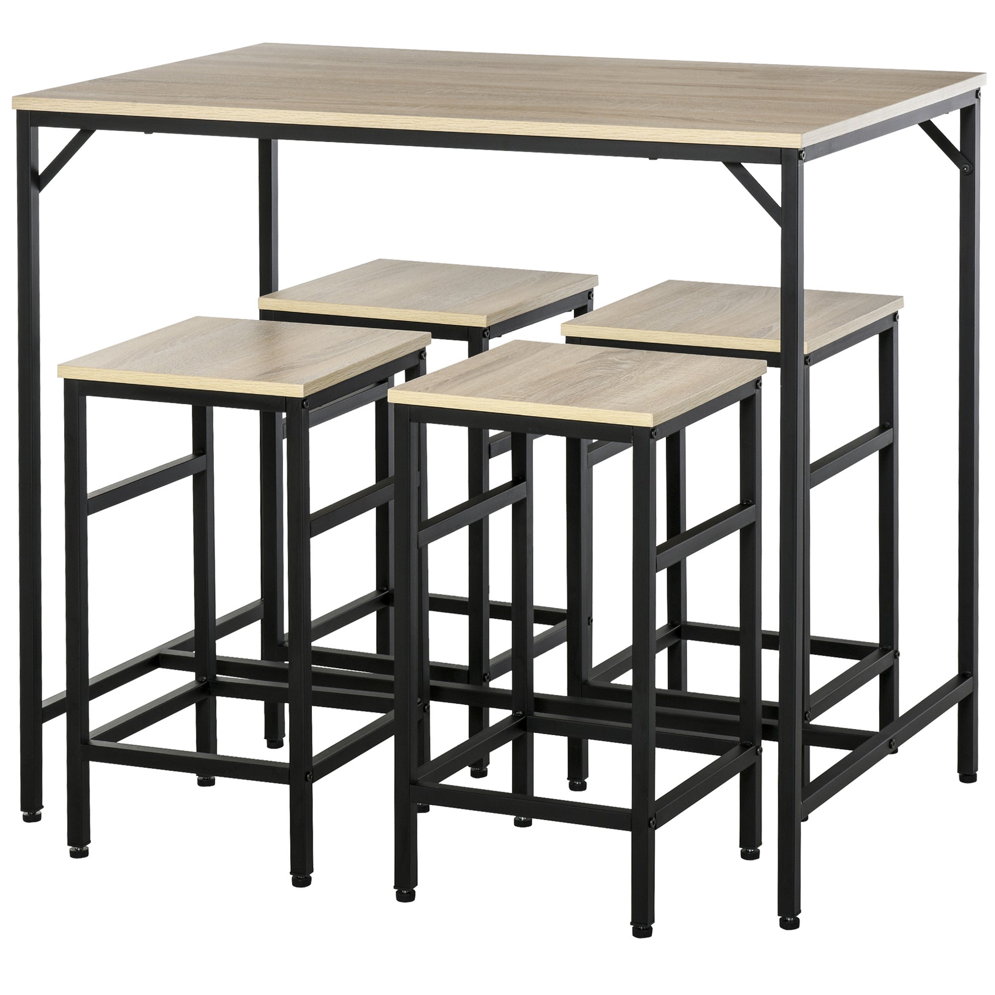Zestaw stolika barowego i 4 hokerów, wysoki mebel ze stołem 100 x 60 x 88 cm i hokerami 32 x 32 x 57 cm, kolor czarny i dębowy