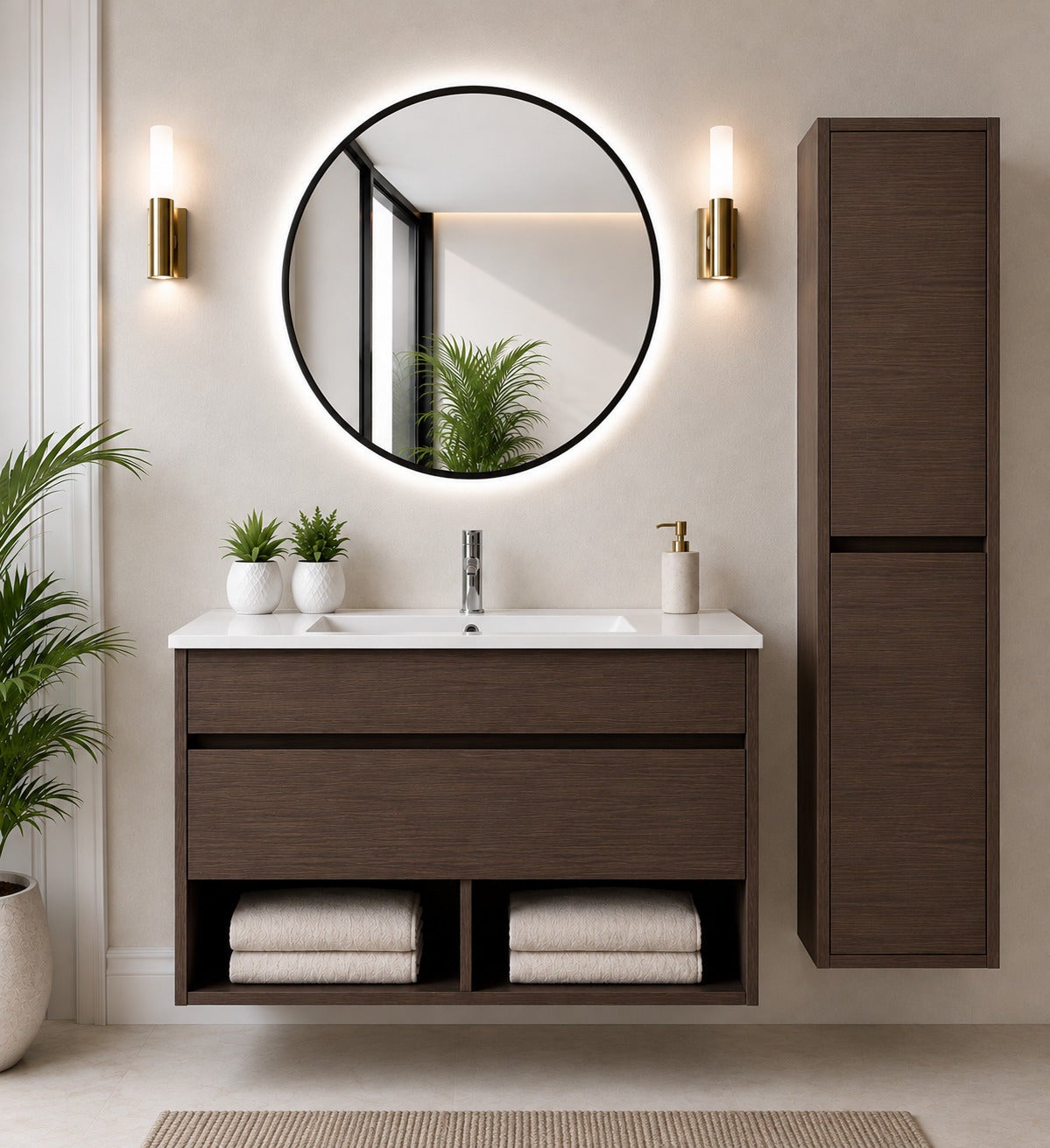 Wisząca szafka łazienkowa z umywalką ORIGENBATH NEBARI z szufladą z kolumną 70x40 cm jesion tea z kolumną