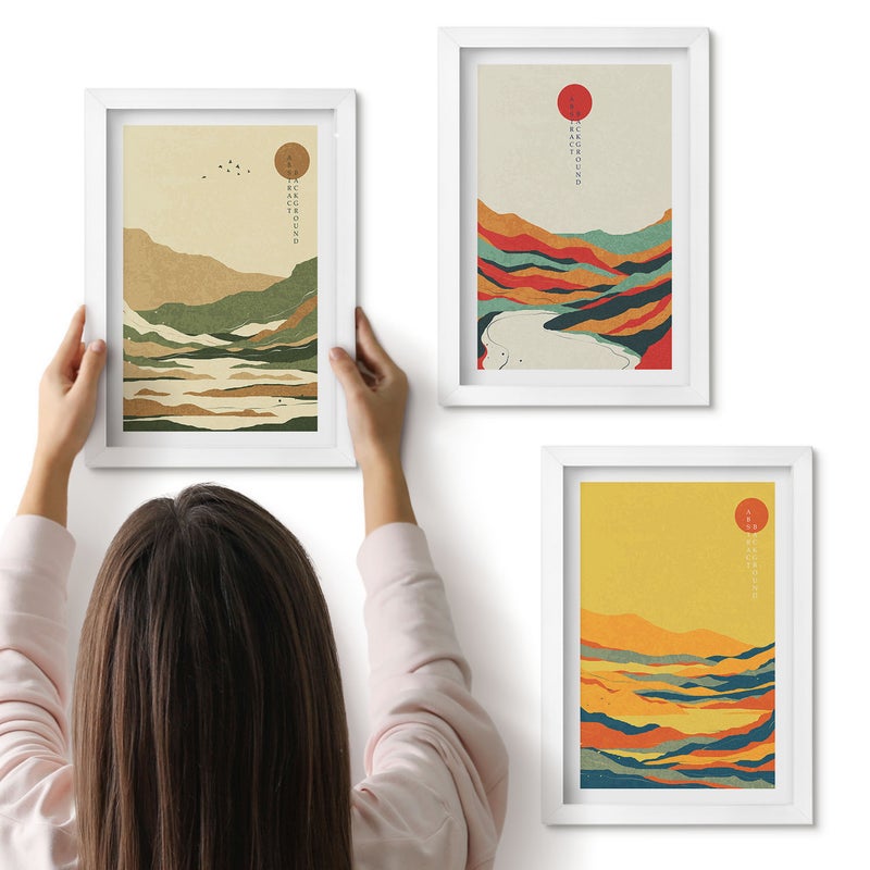 Galeria ścienna 3-częściowy komplet obrazów w białych ramach - Kolorowe wzory gór i rzek styl japandi - ArtPrintCave