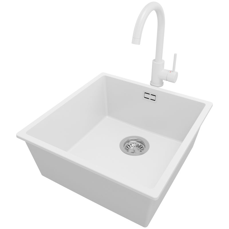 Zlewozmywak Granitowy Biały 46x47cm, Zlew Kuchenny 1 Komorowy + Bateria 32x20cm + Syfon, Nablatowy do szafki od 50cm - Londyn Slim PRIMAGRAN