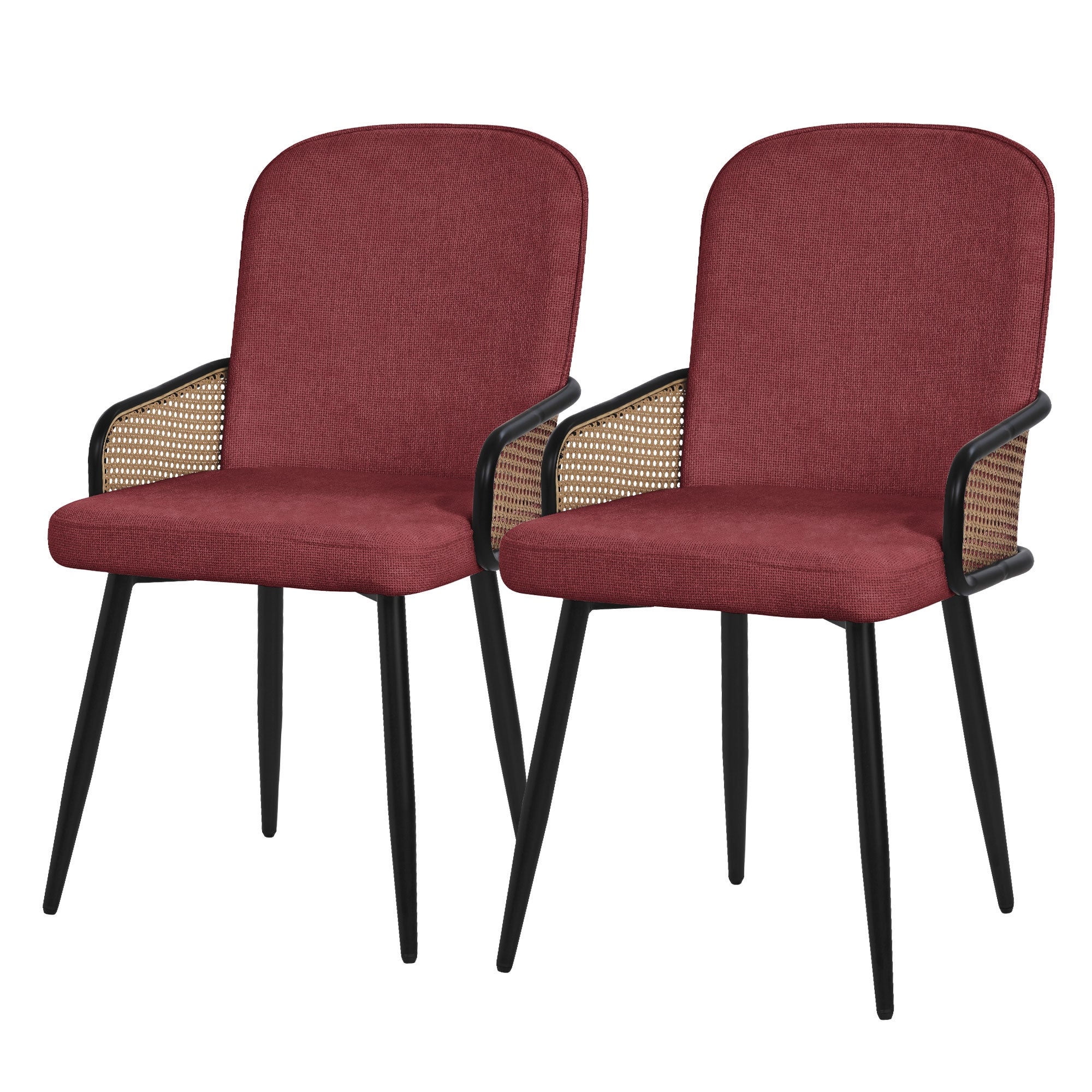 ML-Design zestaw 2 krzeseł tapicerowanych czerwony do jadalni i kuchni ergonomiczne z podłokietnikami imitacja rattanu metalowe nogi komfortowe