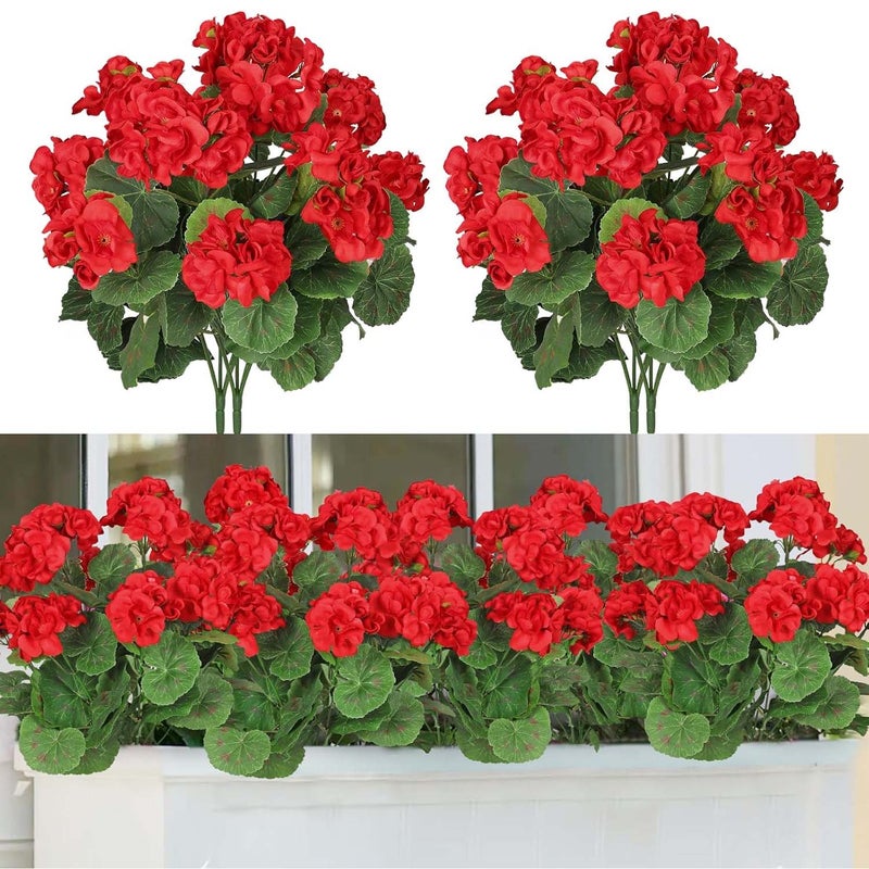 3 bukiety sztucznych geranium – czerwone, realistyczne, do ogrodu, balkonu, tarasu, salonu, stołu, dekoracja ślubna, trwałe, bezobsługowe