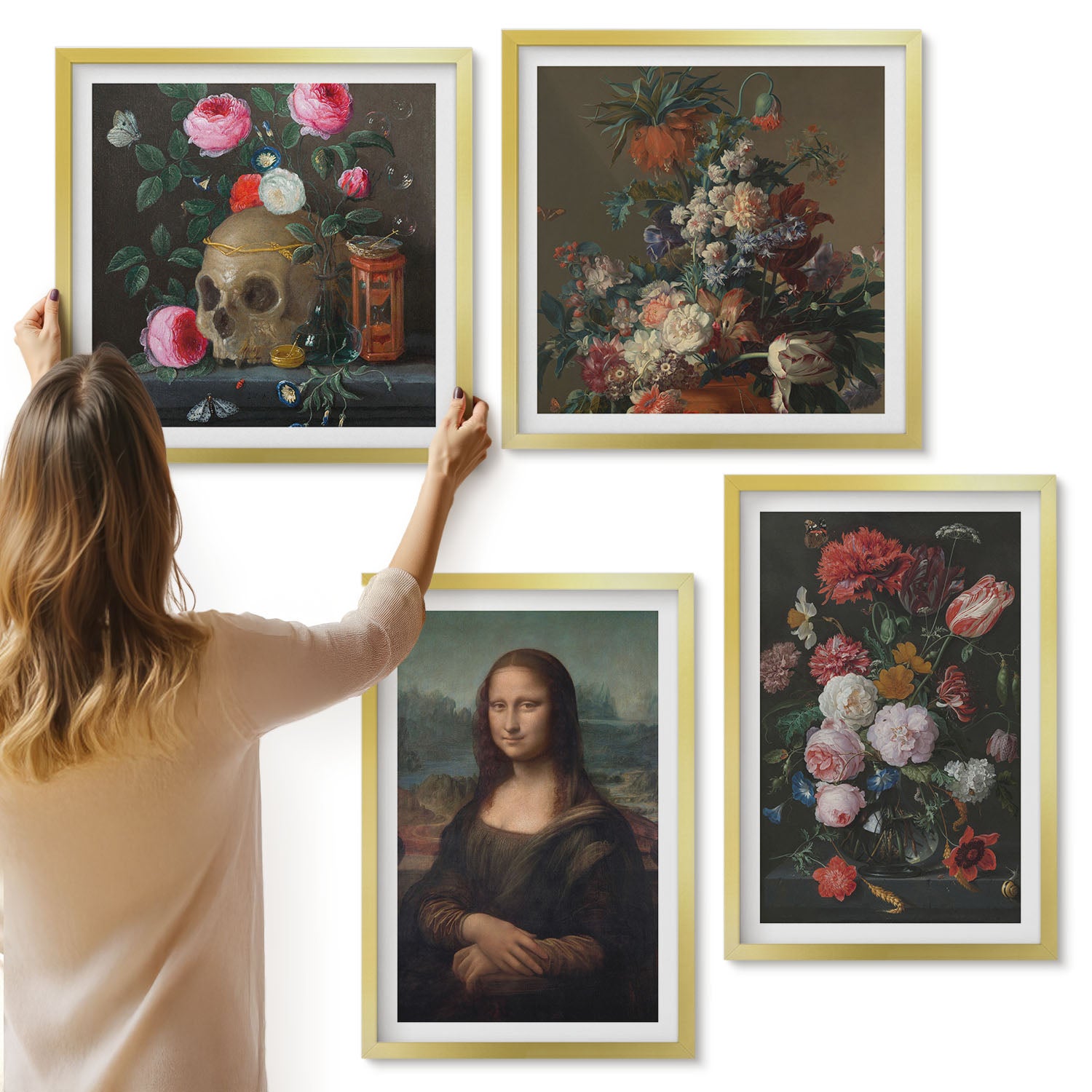 Galeria ścienna 4-częściowy komplet obrazów w złotych ramach - Vintage kwiaty czaszka i portret Mona Lisy Leonardo da Vinci - ArtPrintCave