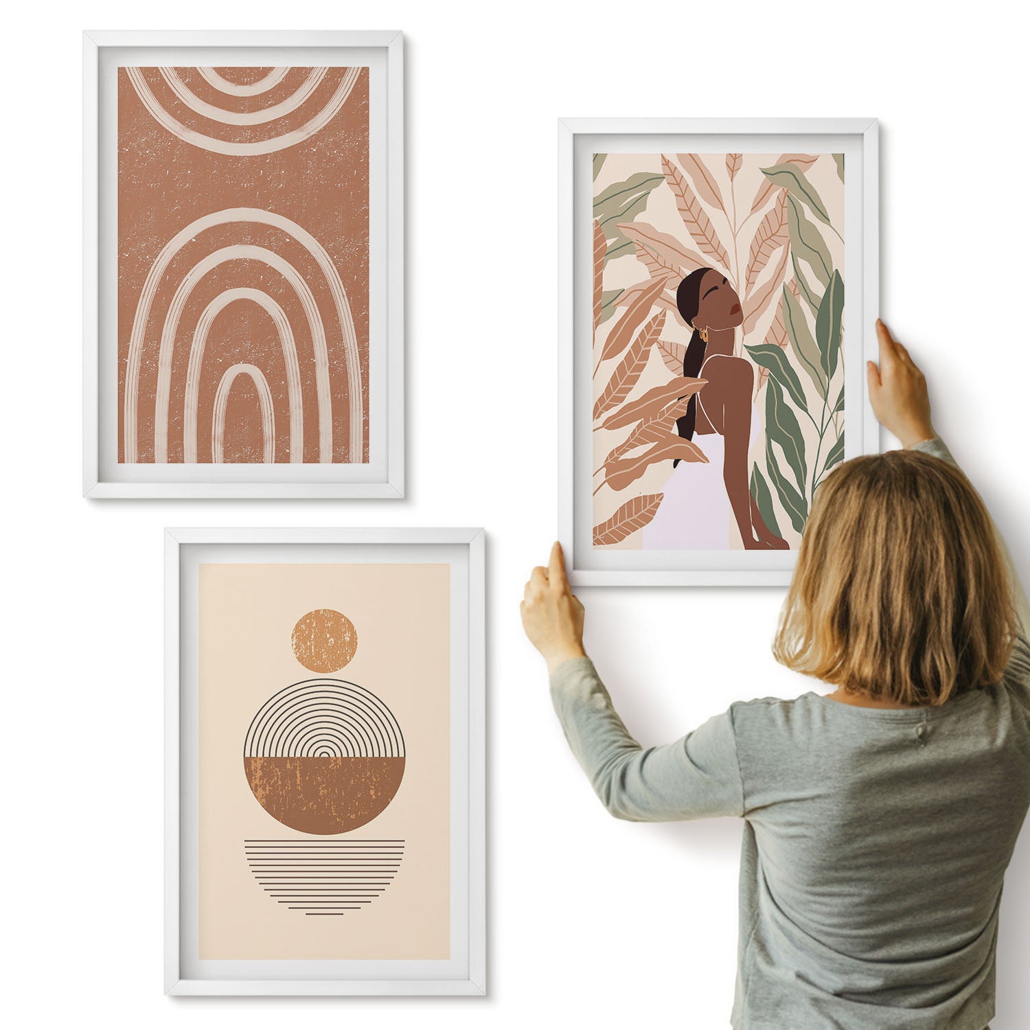 Galeria ścienna 3-częściowy komplet obrazów w białych ramach - Stylowe wzory z roślinnymi motywami i geometrycznymi kształtami - ArtPrintCave