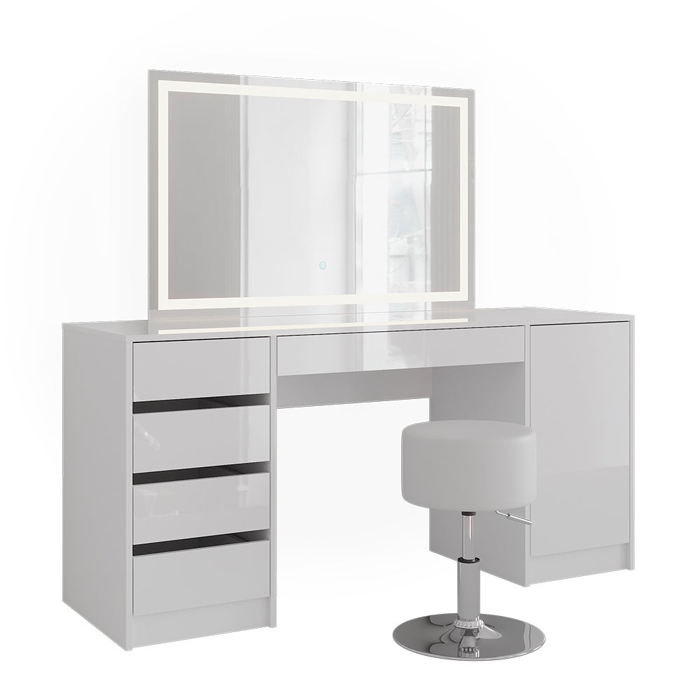 Vicco Stół do toalety Sherry, Biały/Biały wysoki połysk, 158.2 cm z lustrem LED i stołkiem