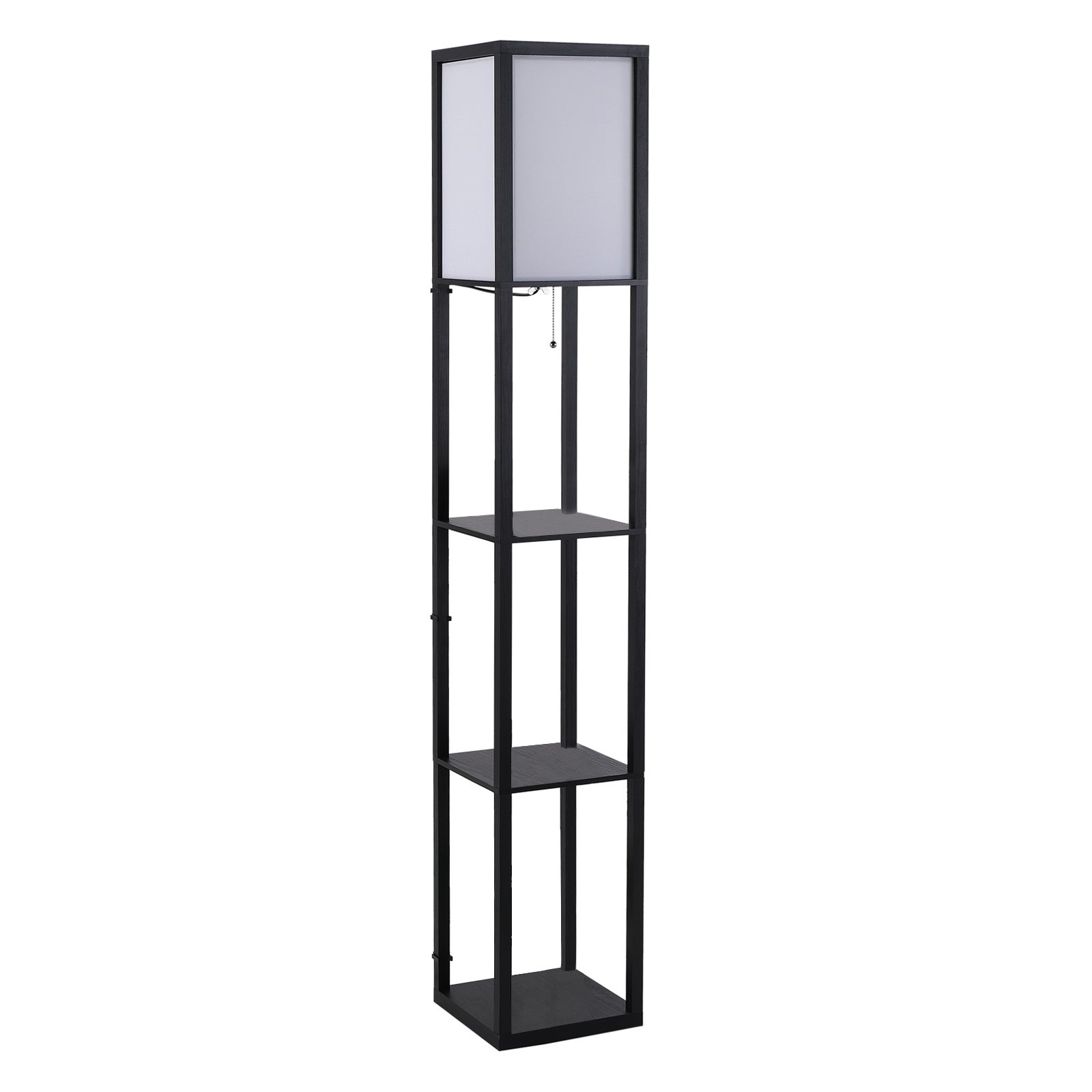 Lampa podłogowa z półkami, nowoczesna lampa drewniana, żarówka E27, do salonu, sypialni, biura, czarna