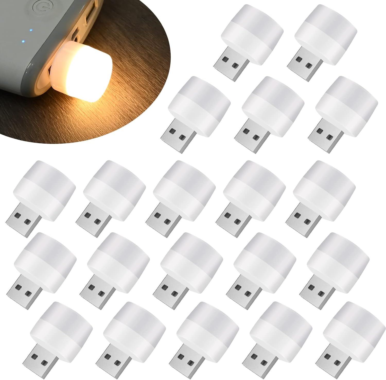 (Białe światło) 20 sztuk Mini przenośnych lampek nocnych USB, małe okrągłe ruchome wtykowe koraliki LED, nastrojowe światło USB do sypialni