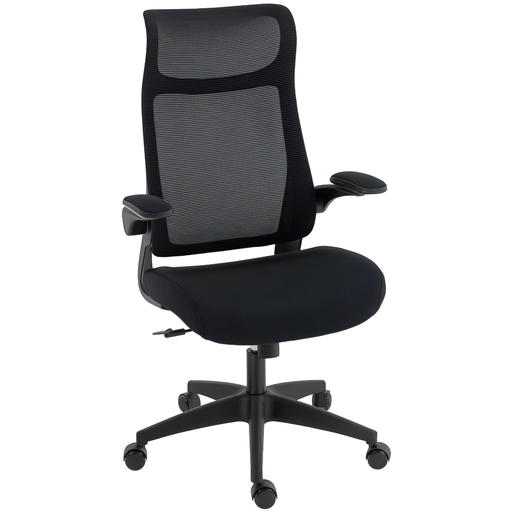 Ergonomiczny obrotowy fotel biurowy z siatki z podparciem lędźwiowym, podnoszonymi podłokietnikami i odchylanym zagłówkiem, czarny