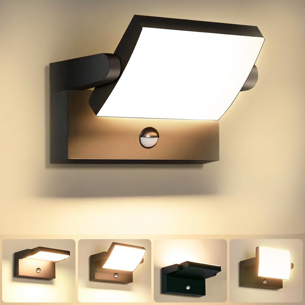 (Czarny) Zewnętrzna lampa ścienna z czujnikiem ruchu, obrotowy panel LED, ciepłe białe światło; wodoodporny reflektor zewnętrzny IP65