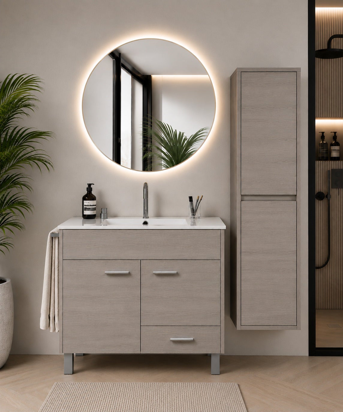 Szafka łazienkowa z umywalką ORIGENBATH SAMOS bez lustra 70x45 cm dąb smoky z kolumną