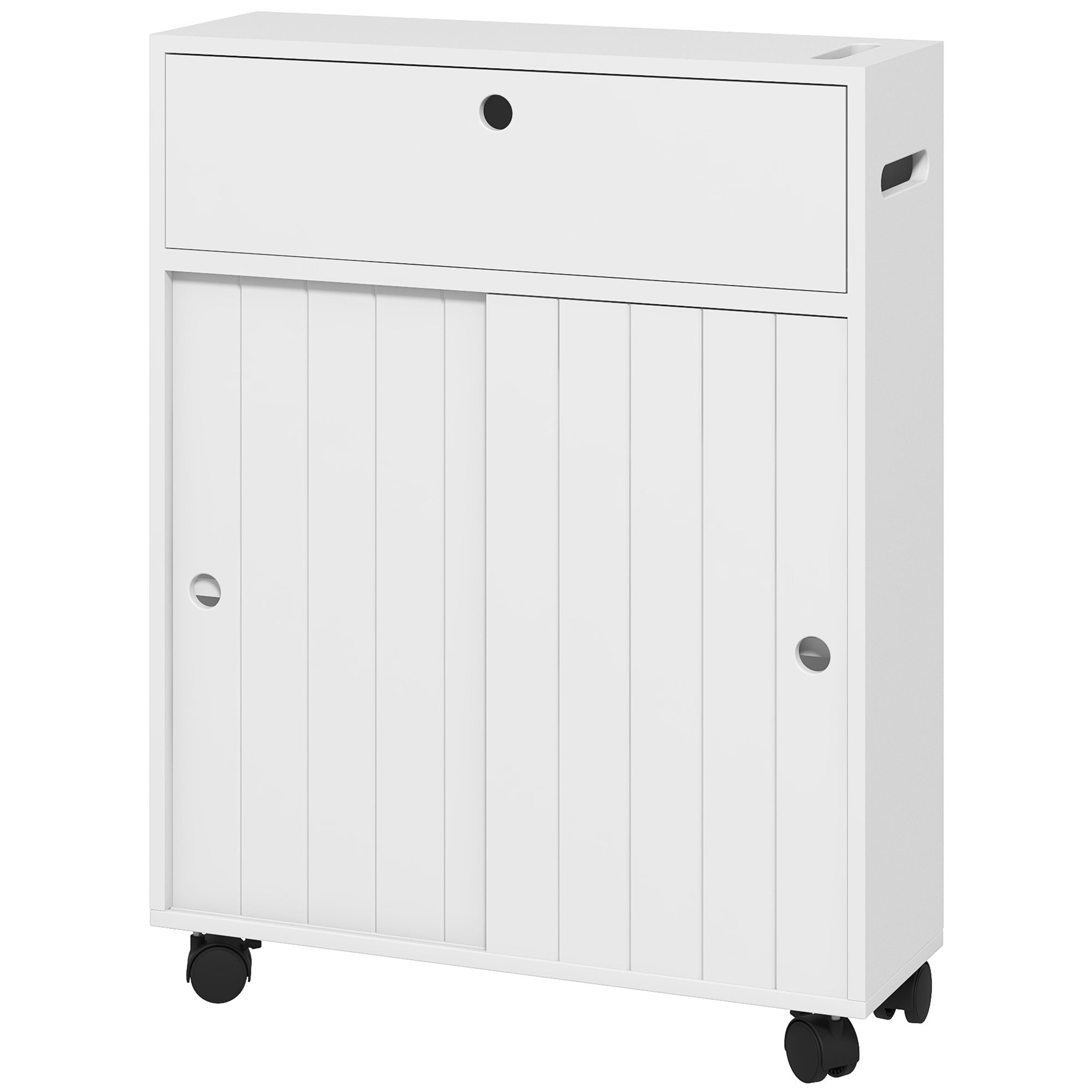 Wąska szafka łazienkowa z kółkami, drzwiami przesuwnymi, regulowanymi półkami i 2 uchwytami na papier toaletowy, biała