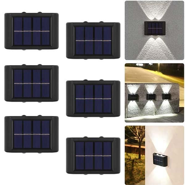 Zestaw 6 lamp solarnych ściennych - 4 LED, oświetlenie schodów, oświetlenie ogrodu, projektor Up/Down, białe światło, wodoodporne.