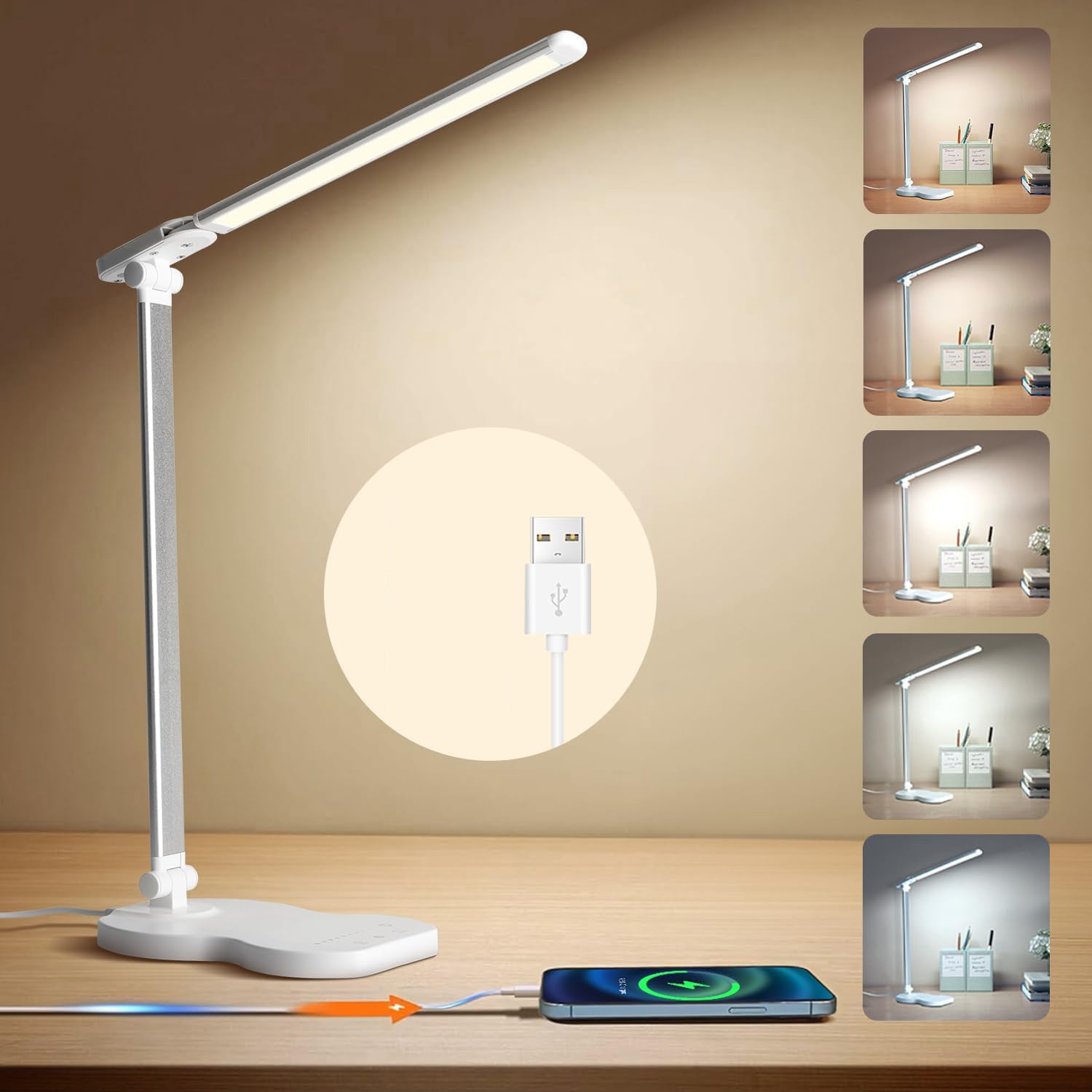 Lampa biurkowa LED z 5 kolorami i 10 poziomami jasności, lampa biurkowa, lampka do czytania z timerem 45-minutowym, biała