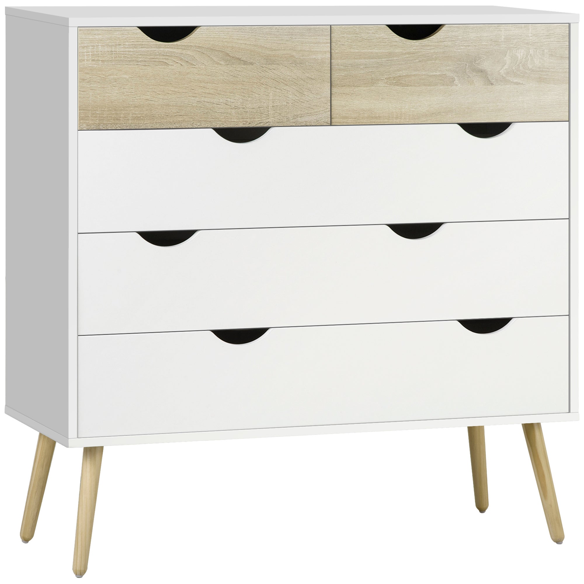 Komoda 5-szufladowa, styl skandynawski, do sypialni, płyta wiórowa, 99 x 39 x 101 cm, kolor biały z efektem jasnego dębu