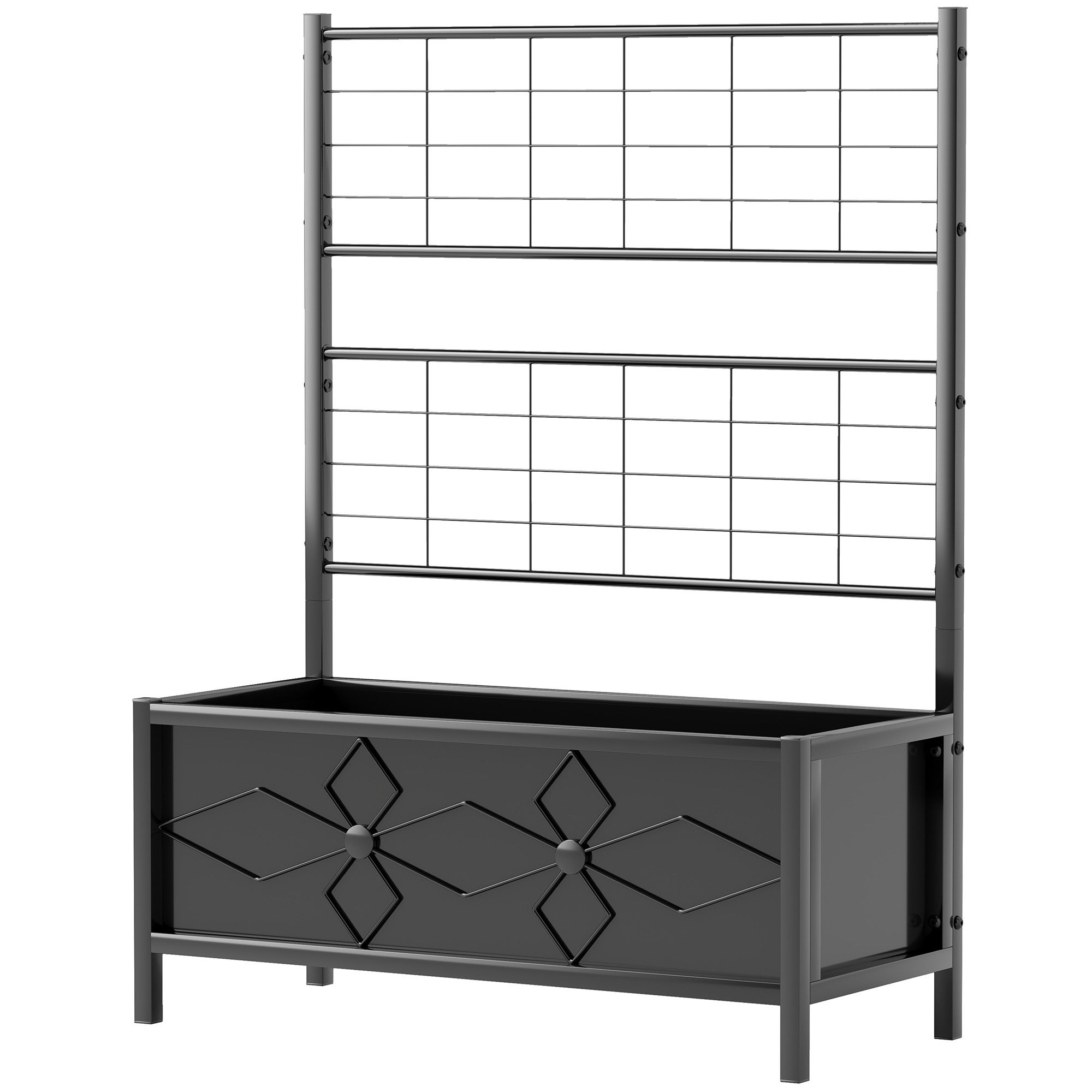Podwyższona donica ogrodowa z kratką, ocynkowana stal z wzorem rombowym, 90 x 40 x 120 cm, czarna