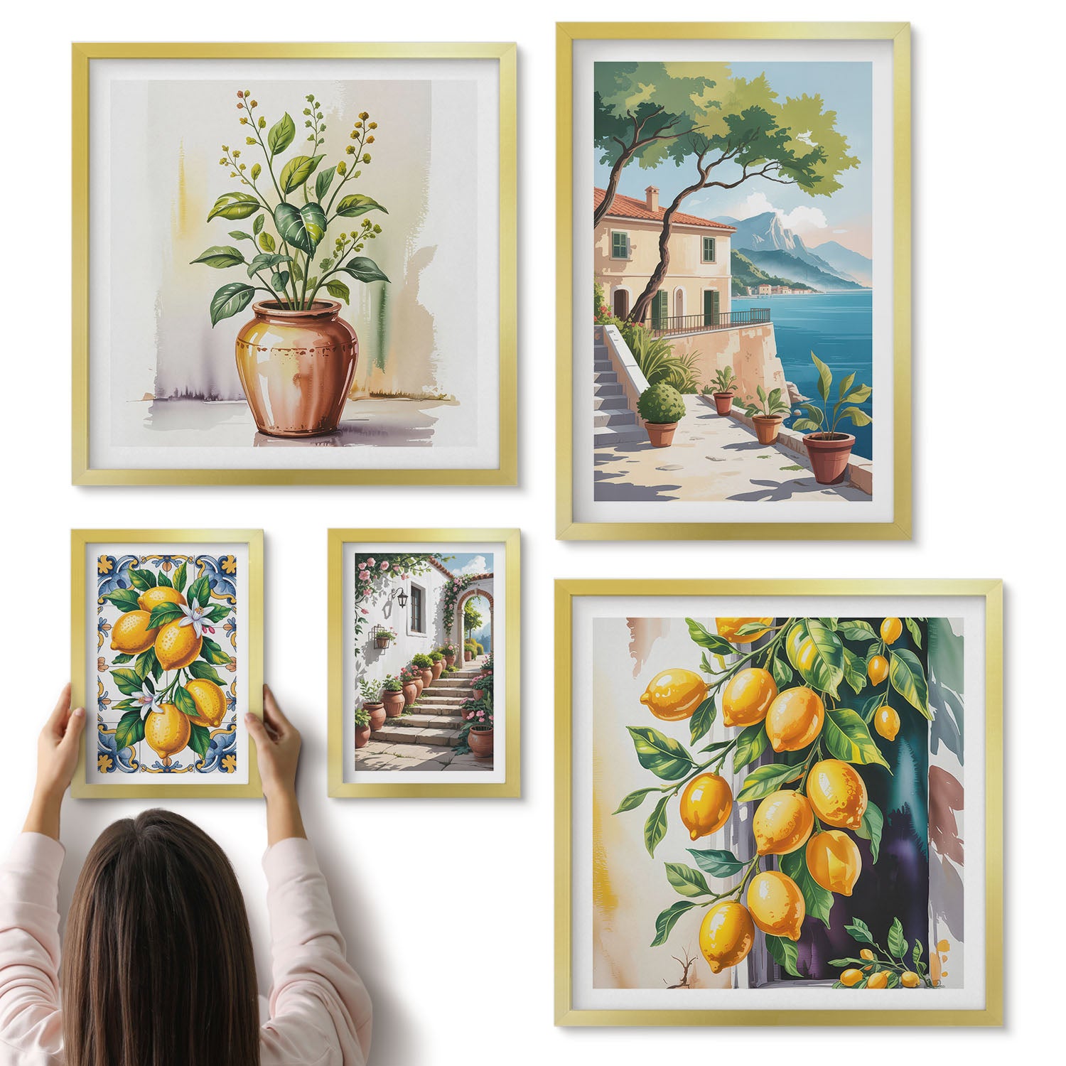 Galeria ścienna 5-częściowy komplet obrazów w złotych ramach - Krajobrazy śródziemnomorskie z cytrusami i roślinnością - ArtPrintCave