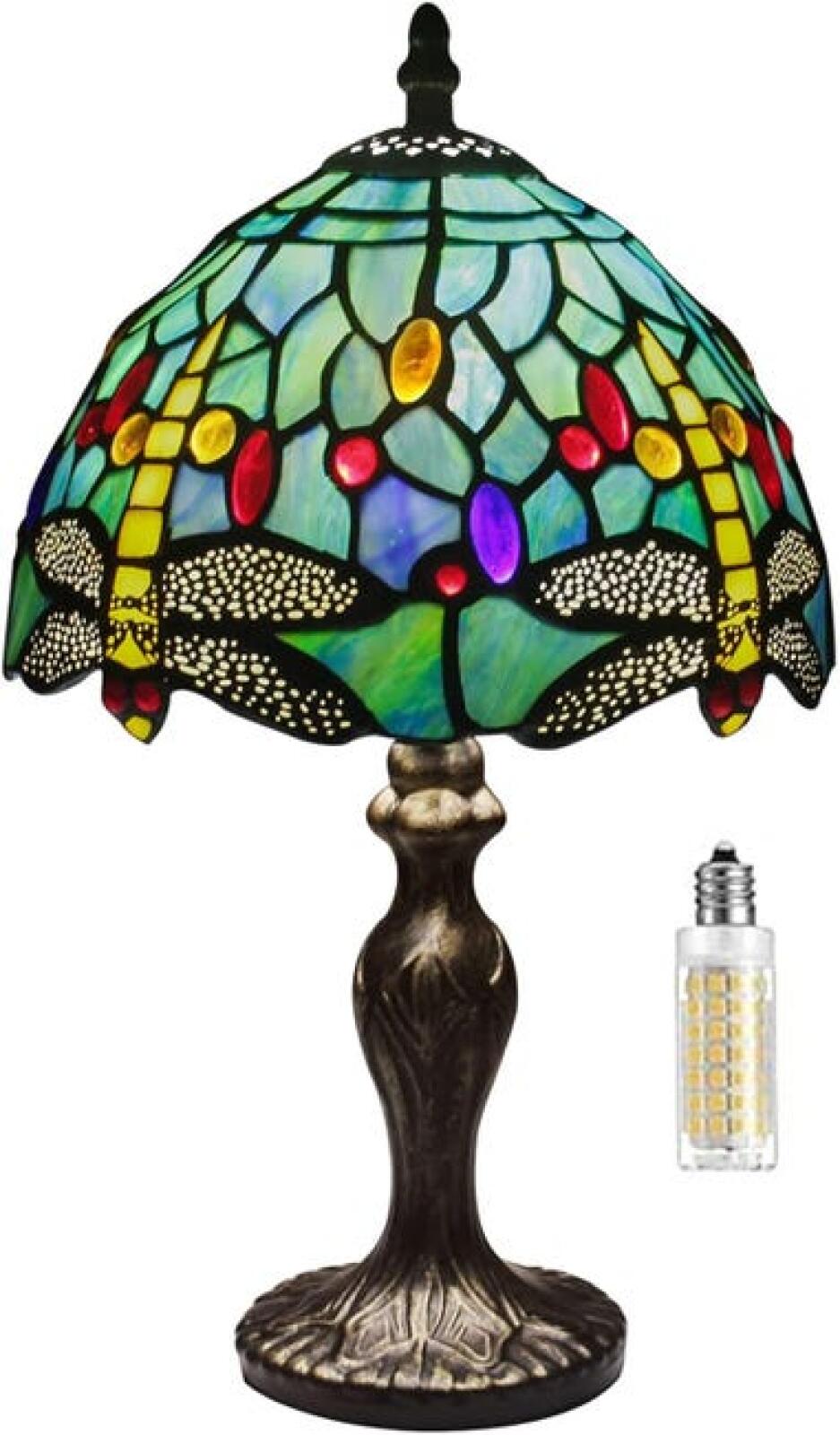 Lampa Tiffany'ego, lampa barokowa, kolorowy klosz szklany, lampa stołowa w stylu retro, lampka nocna, biurko, gabinet - (zielona ważka)