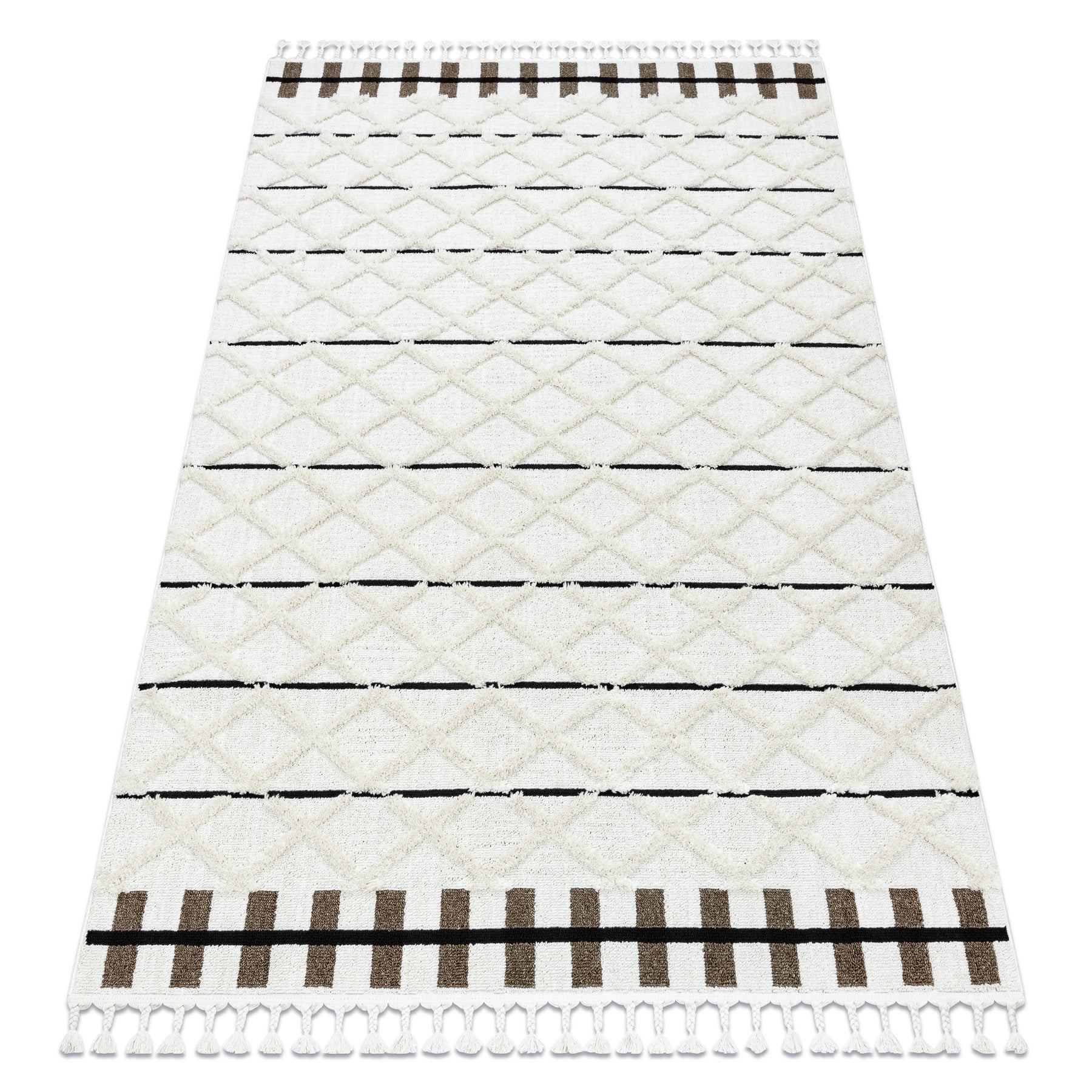 Dywan SEVILLA Y611A kratka, romby brązowy / biały Frędzle berberyjski marokański shaggy 200x290 cm