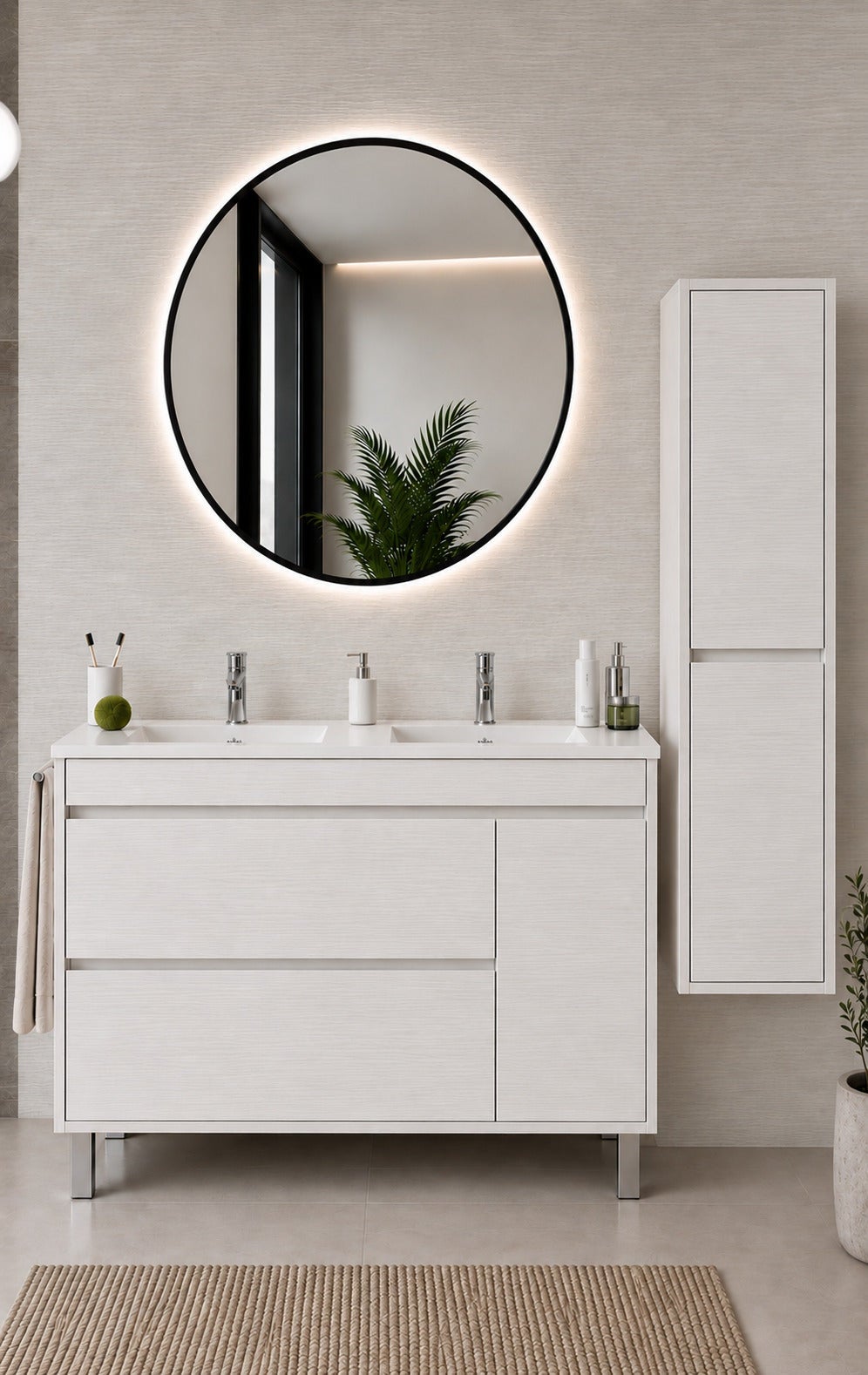 Szafka łazienkowa z umywalką ORIGENBATH CAPRERA bez lustra 120x45 cm podwójna umywalka biały nordycki z kolumną