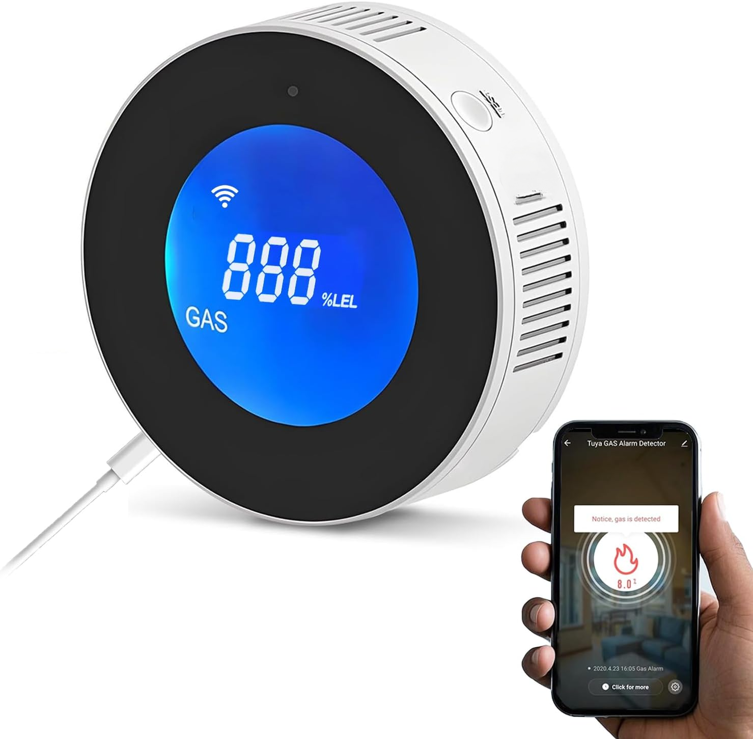 Inteligentny detektor gazu WiFi – alarm 85dB, ekran LCD, gaz ziemny/metan/LPG, kompatybilny z aplikacją, bezpieczeństwo w domu