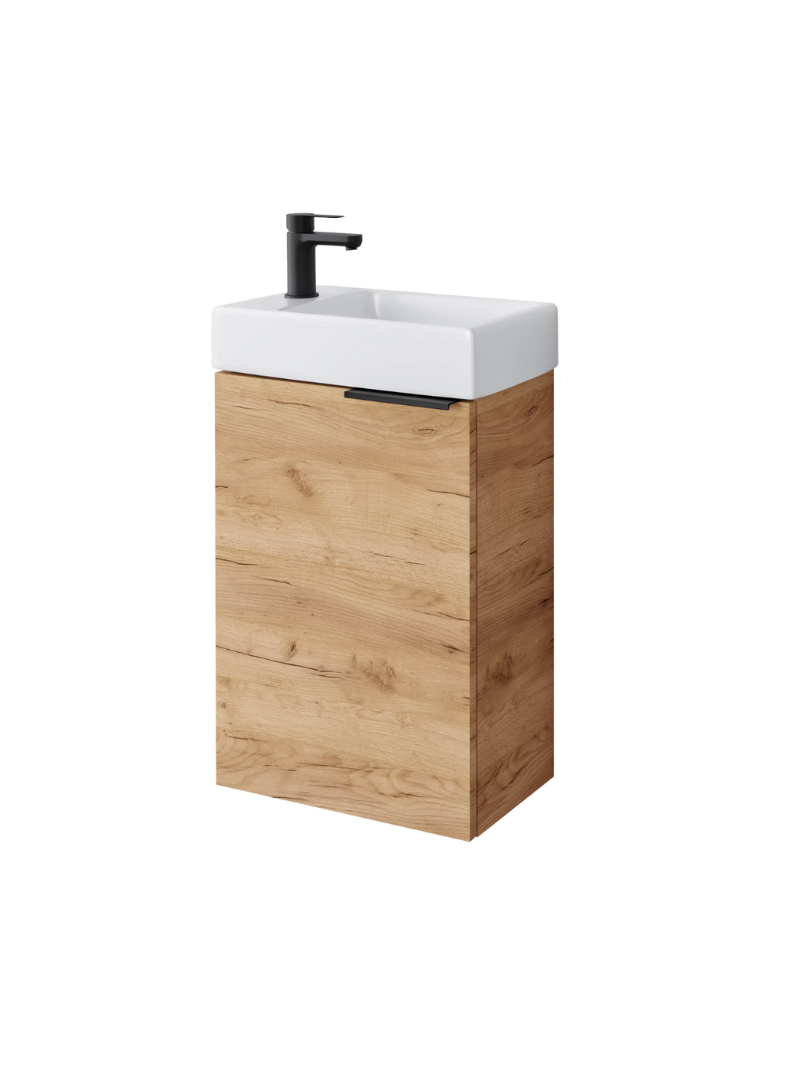 Zestaw szafka łazienkowa z umywalką ceramiczną Uptrend Fika 40 cm, drzwi, wisząca, dąb craft złoty 1 kpl.