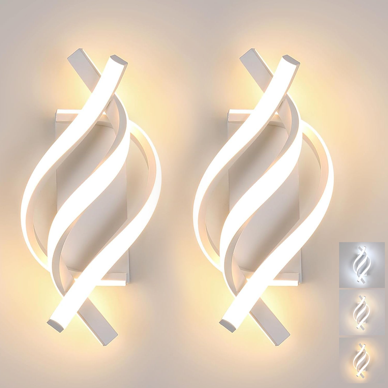 Zestaw 2 kinkietów, nowoczesne spiralne lampy ścienne LED, aluminiowe kinkiety LED, oświetlenie dekoracyjne, 3 temperatury barwowe