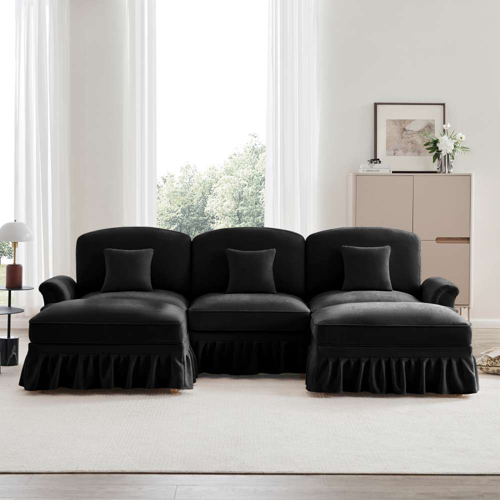 Modułowa sofa U z podłokietnikami trąbkowymi, zdejmowanym fartuchem, wrzecionowymi nogami i pufem