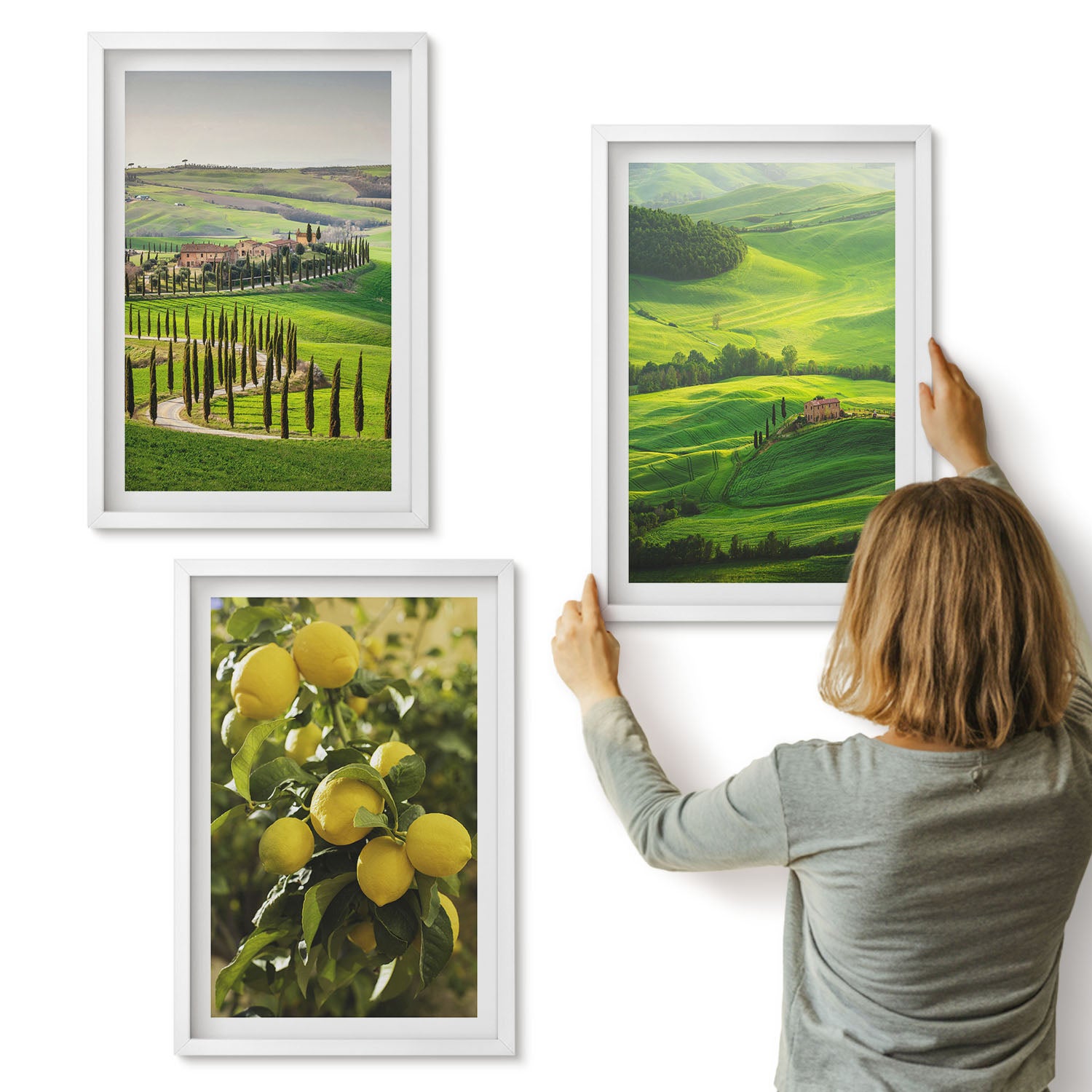 Galeria ścienna 3-częściowy komplet obrazów w białych ramach - Włoskie krajobrazy z cytrusami i zielonymi wzgórzami - ArtPrintCave