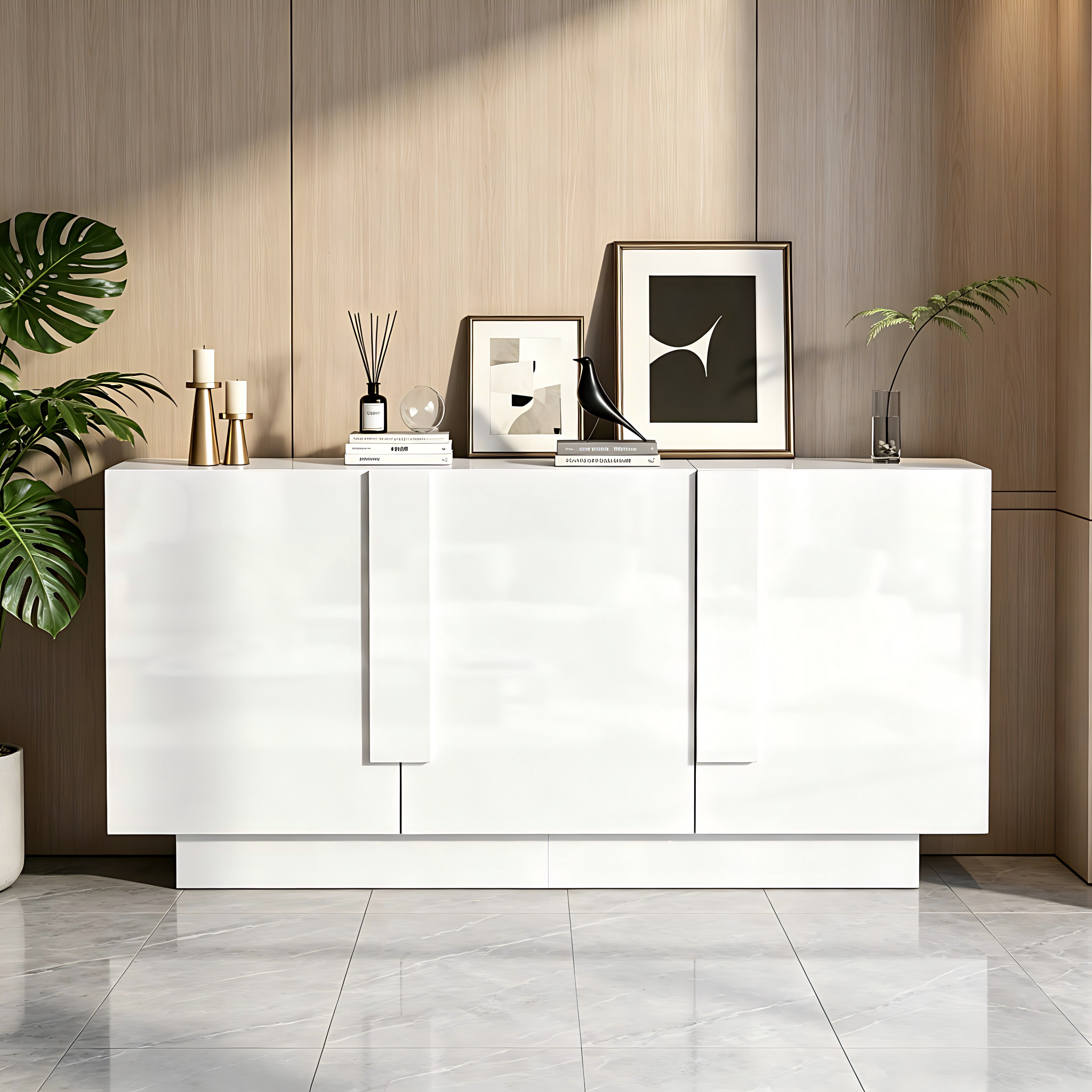 Komoda z 3 drzwiami i 6 przegródkami - 160 x 35 x 60 cm - Płyta wiórowa - Regulowane półki i błyszczące wykończenie - Biała