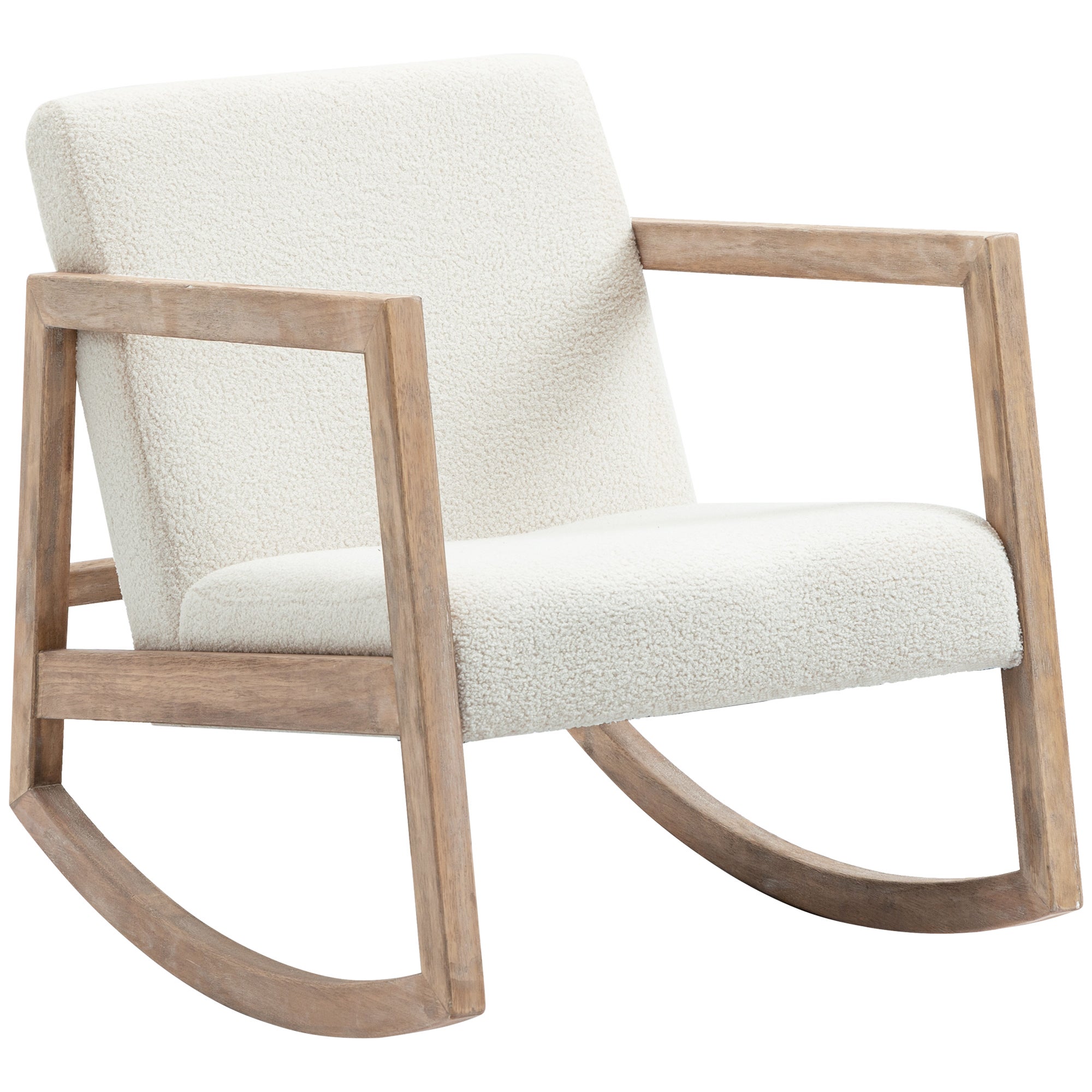 Fotel bujany/fotel do karmienia z tkaniny imitującej wełnę bouclé, z nogami z litego drewna kauczukowego,salonu - 60 x 81 x 71 cm, kremowo-biały