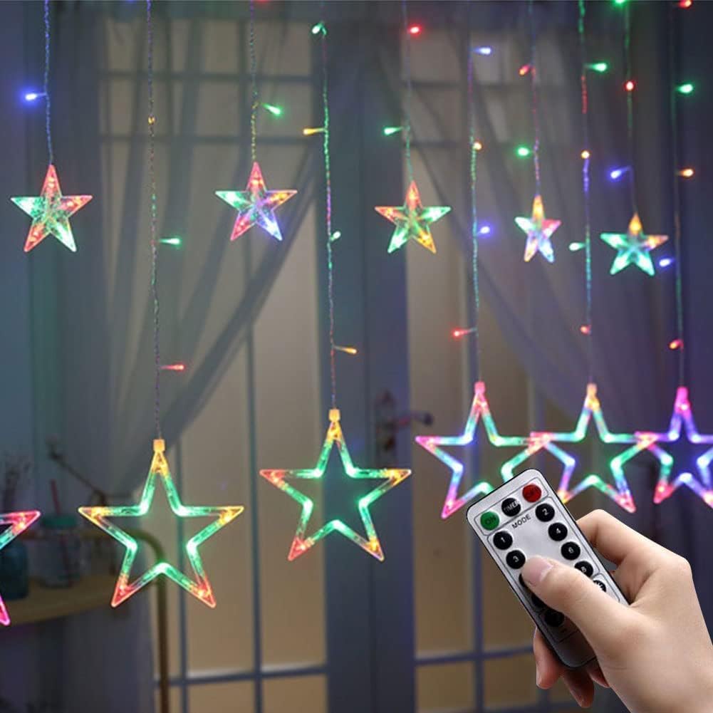 Wielokolorowe lampki choinkowe w kształcie gwiazdek do okien, ozdoby świąteczne do wnętrz, 12 gwiazdek, 138 diod LED, do sypialni, na ścianę, na wese