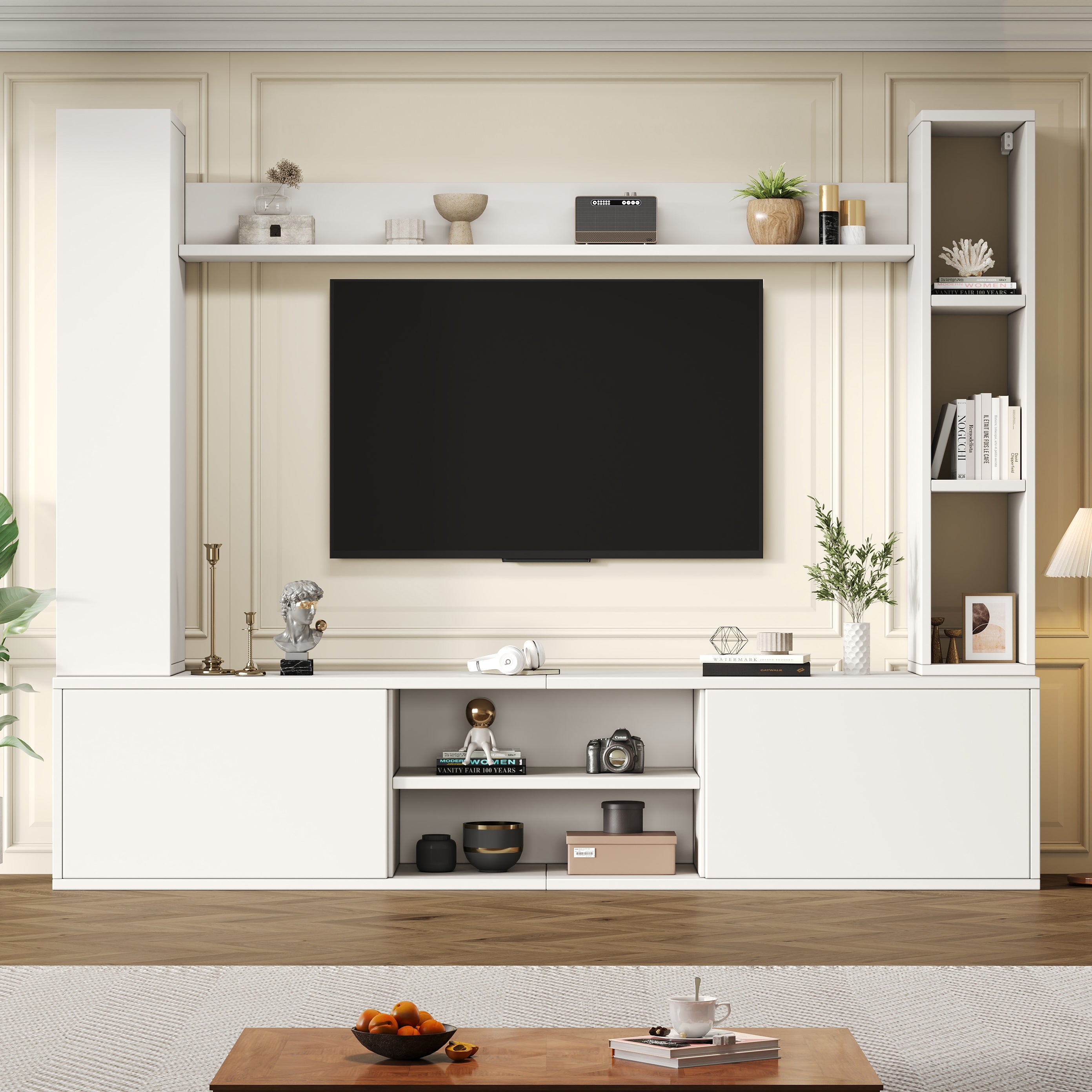 Zestaw szafek RTV z 2 szafkami ściennymi i półką ścienną do telewizora 75 cali - 180 x 35 x 33,5 cm - Płyta wiórowa - Biały