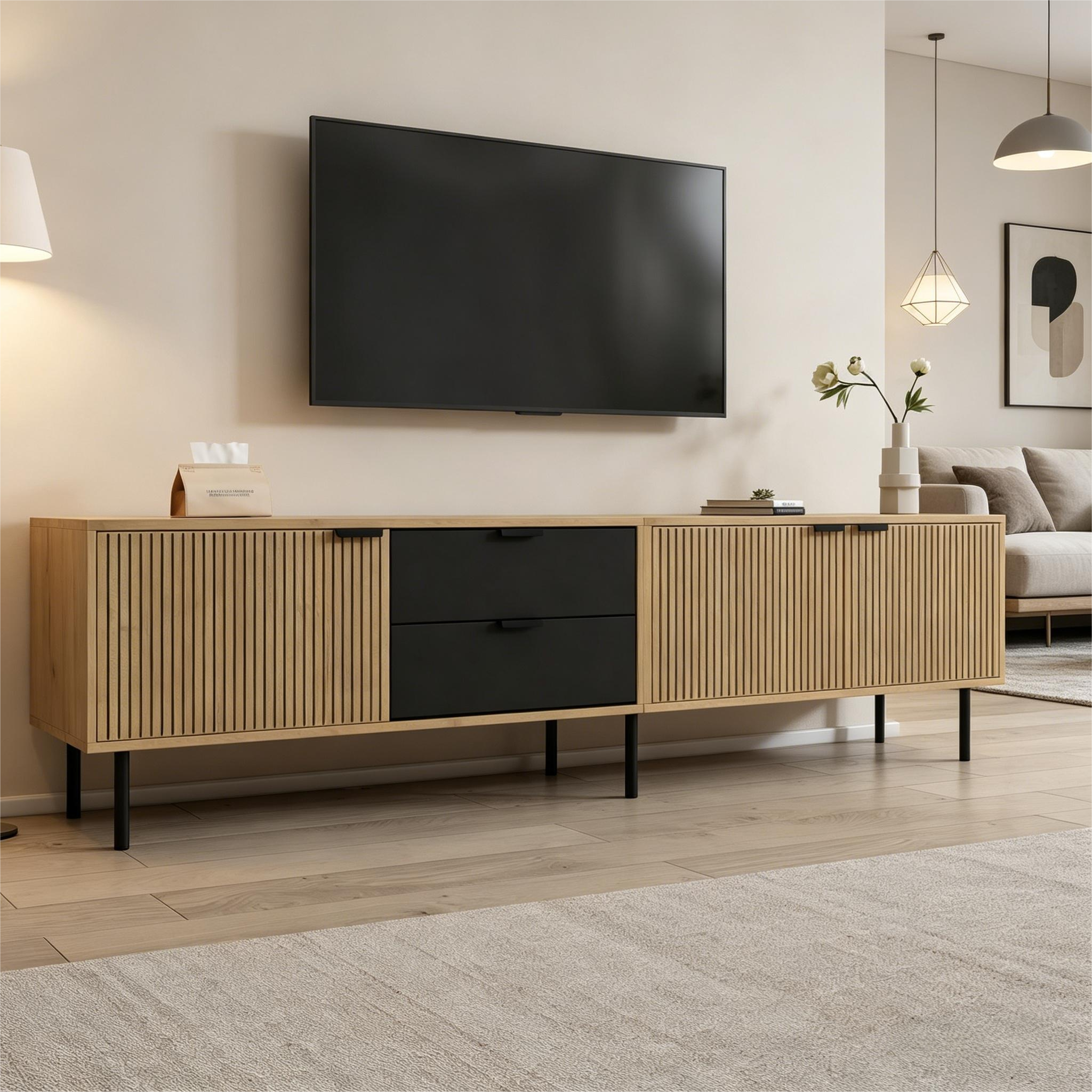 Stolik pod TV z 3 drzwiami i 2 szufladami - 208 x 40 x 48 cm - Płyta wiórowa i metalowe nogi - Kolor czarny z efektem drewna