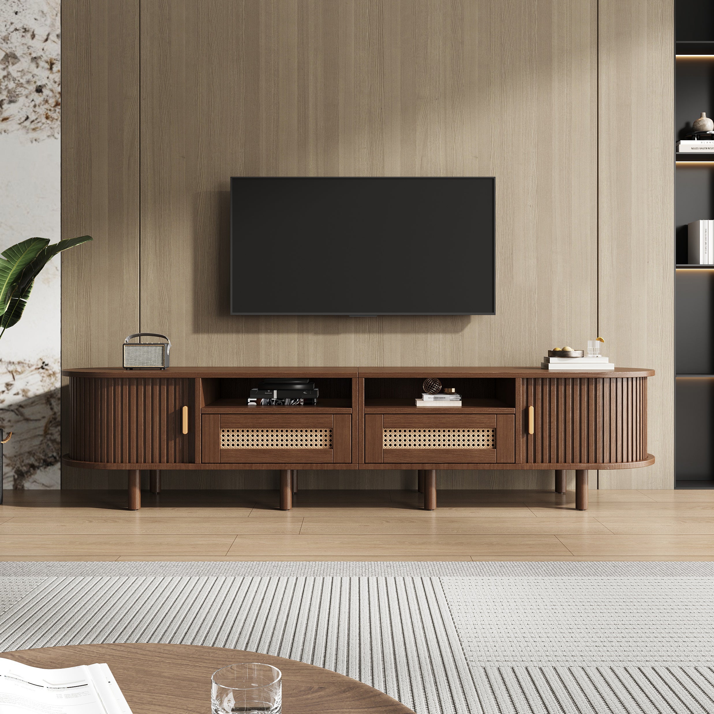 Szafka RTV na telewizor 70 cali - z 2 szufladami z rattanu, 2 drzwiami przesuwnymi - 170 x 40 x 40 cm - MDF + nogi z litego drewna - orzech