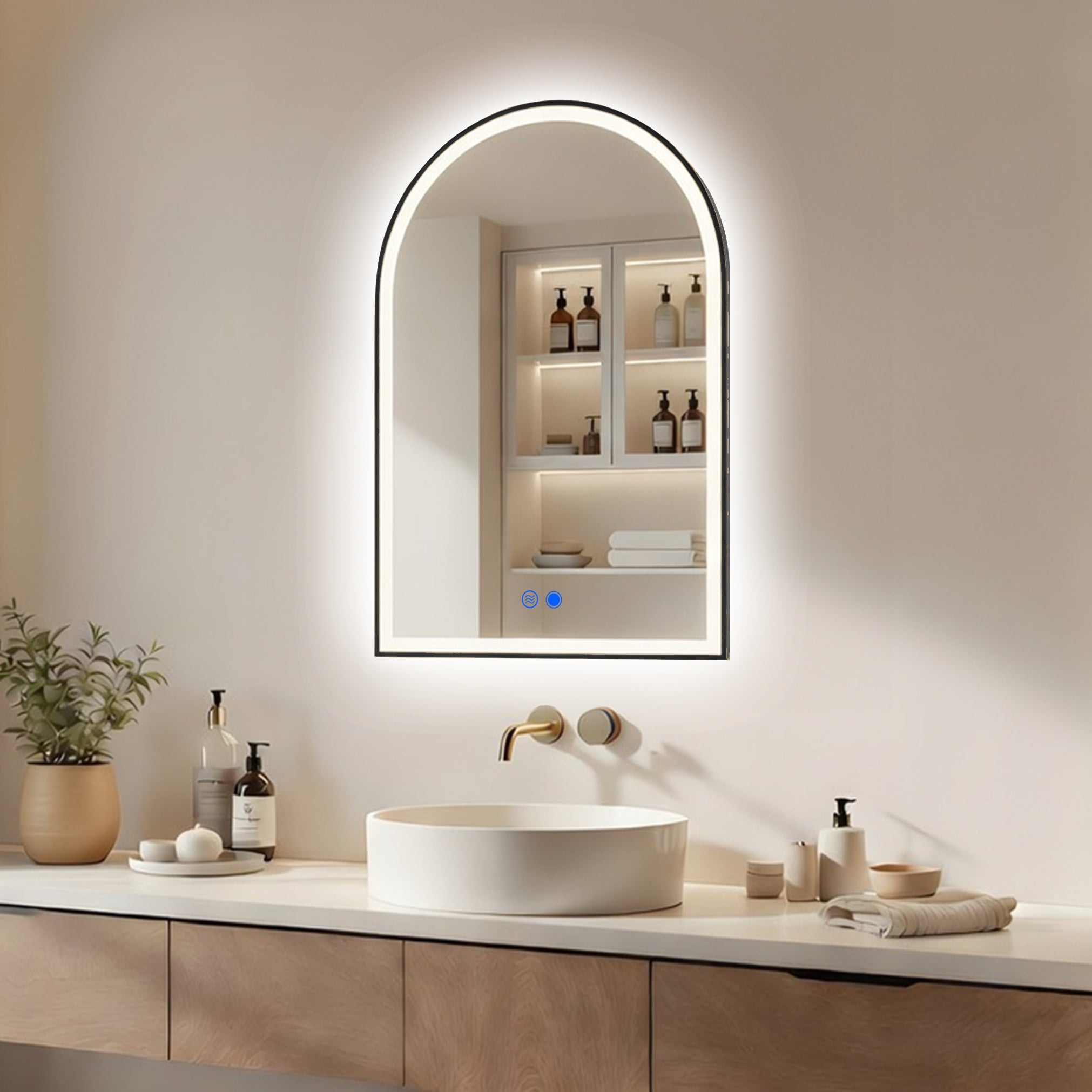 Lustro LED łazienkowe łukowe 60x90 cm ARTFORMA – podświetlane, 3 barwy światła, dotykowe, antyzaparowe, rama czarny mat