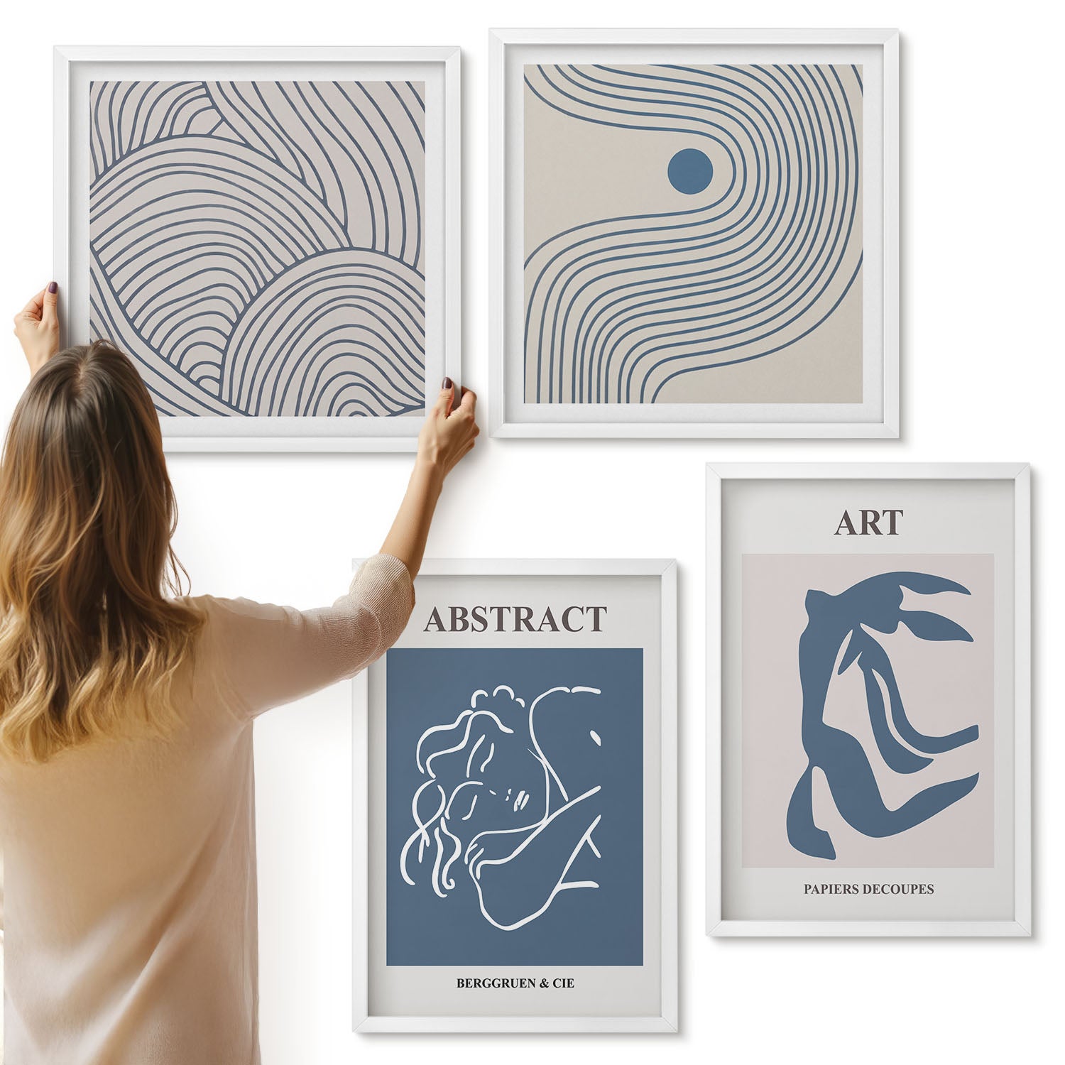 Galeria ścienna 4-częściowy komplet obrazów w białych ramach - Abstrakcyjne linie dekoracyjne kształty fal poster - ArtPrintCave