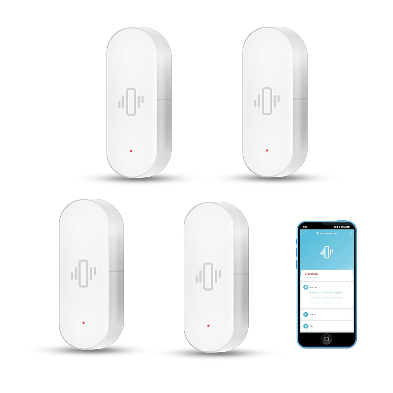 Zestaw 4 czujników wibracji Tuya Wi-Fi – natychmiastowe alerty aplikacji – kompatybilne z Alexą i Smart Life –ochrona przed włamaniami do domu i firmy