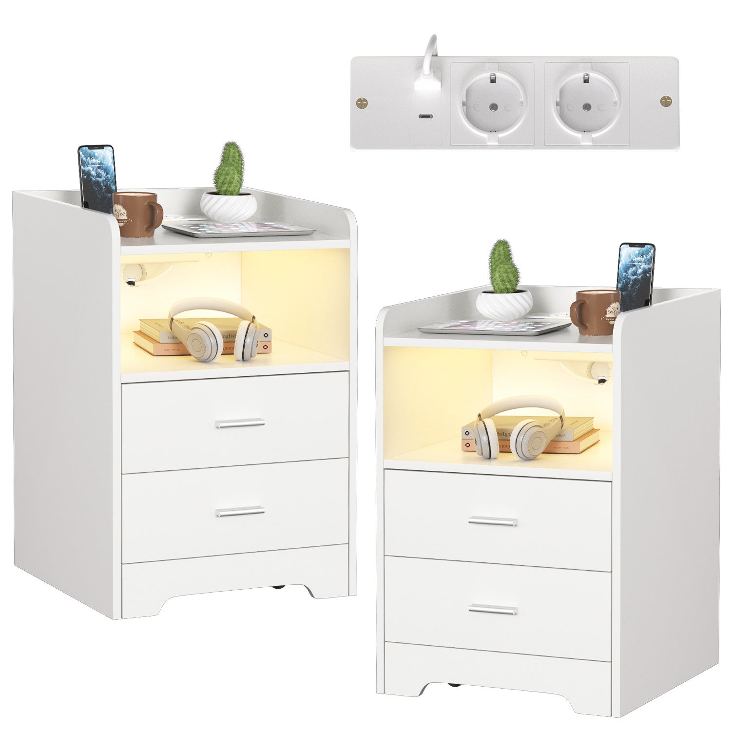 Zestaw 2 szafek nocnych RGB z regulacją, miganiem, timerem 1/2/4/8 h, 2 trybami muzycznymi i Bluetooth, kolor biały