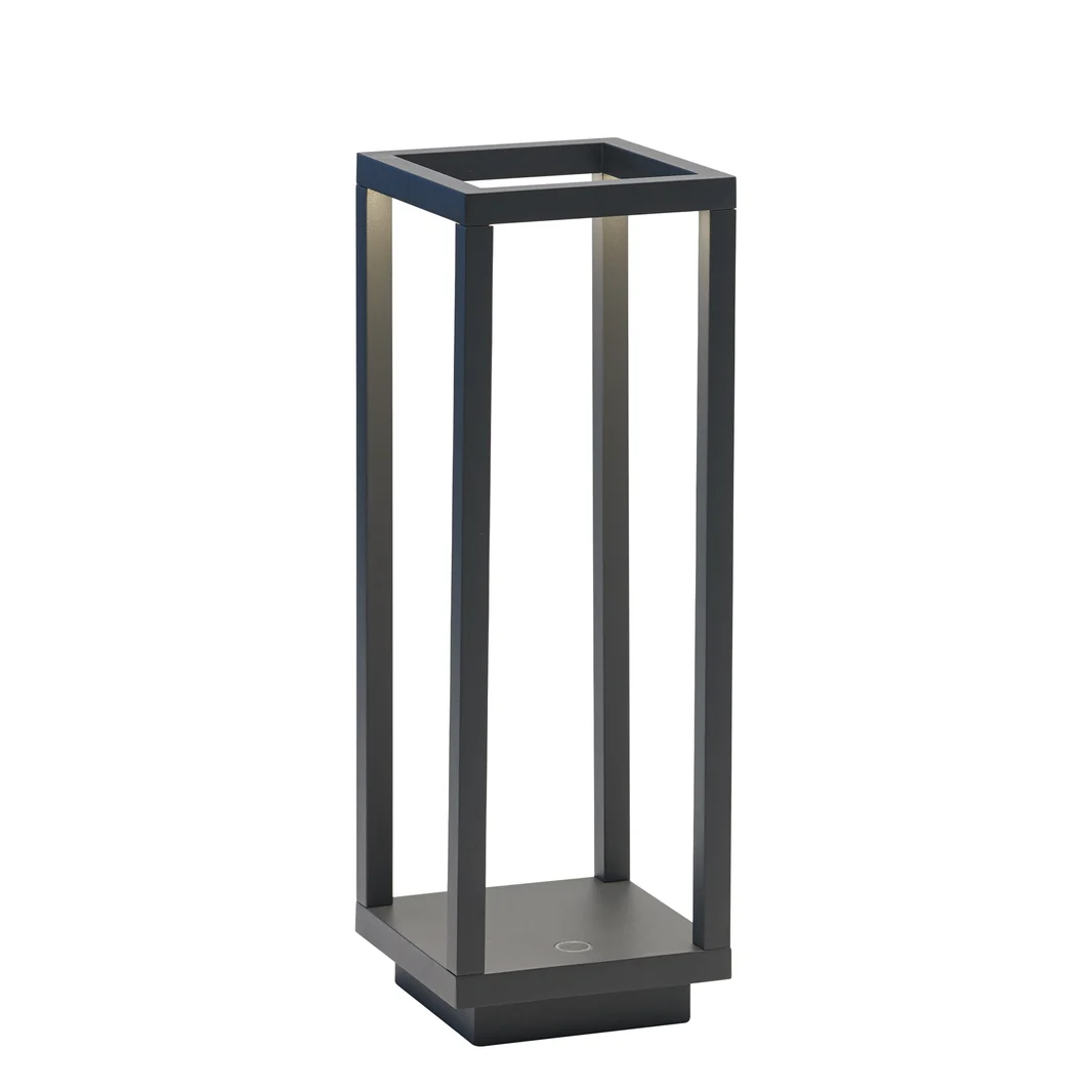 Ciemnoszara lampa stołowa LED zasilana bateriami 2,2 W, IP54, szafran, 3000 K, maksymalna moc 12 godzin, aluminium
