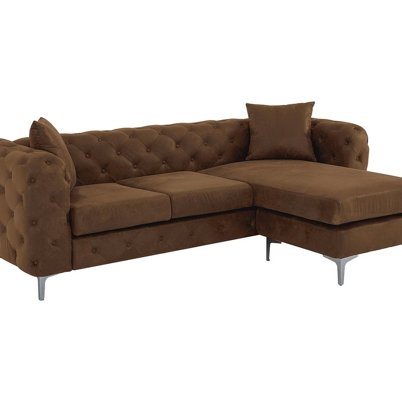 Kanapa narożna odwracalna chesterfield z mikrofibry imitująca brązową postarzaną skórę EDWINA