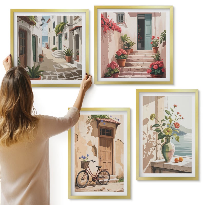 Galeria ścienna 4-częściowy komplet obrazów w złotych ramach - Malowane uliczki z kwiatami i rowerem - ArtPrintCave