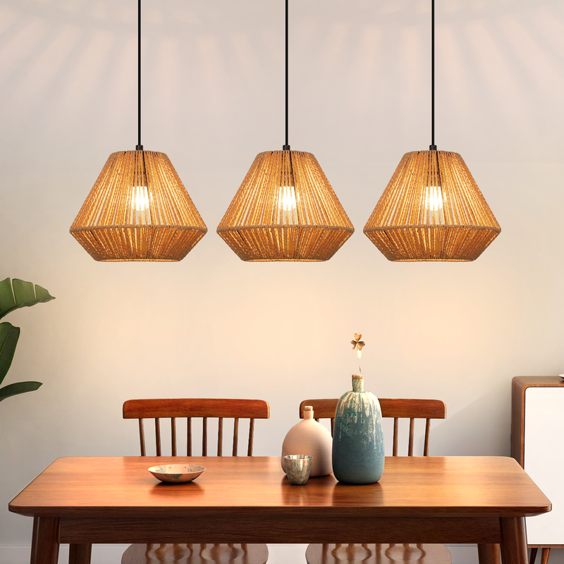 Nettlife Lampa Wisząca Boho Rattan - Żyrandol 3-pkt E27, Regulowana, Styl Retro, nad Stół do Salonu Sypialni (Bez Żarówki)