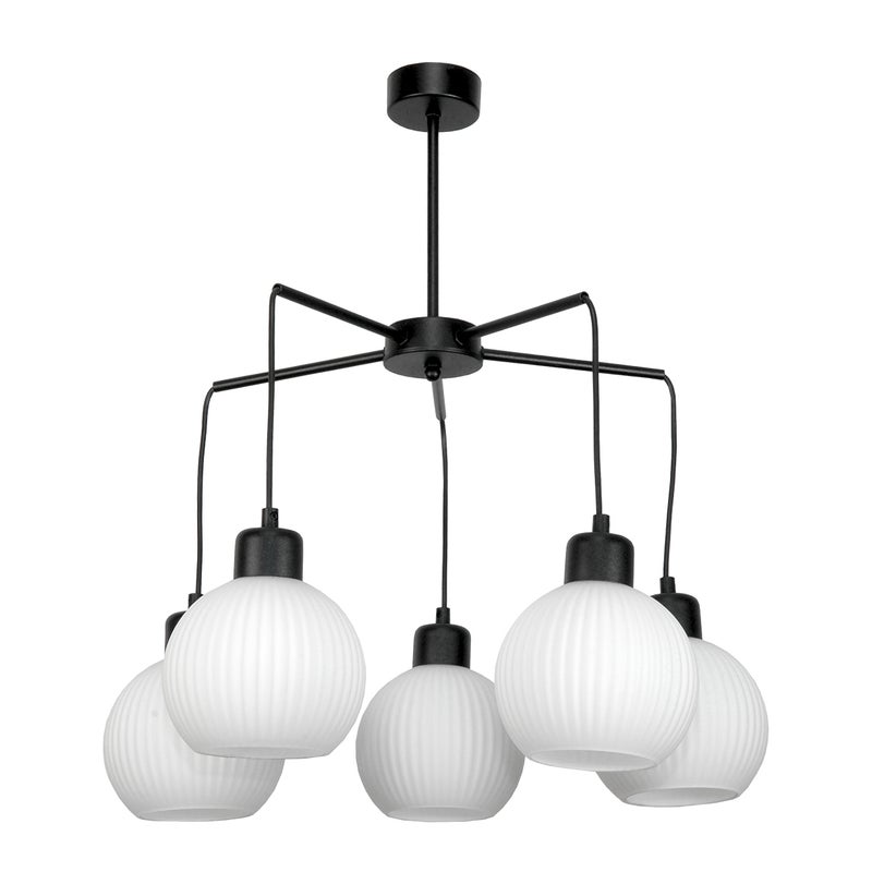 Lampa wisząca sufitowa BETIS czarna nowoczesna 5xE27 białe ryflowane klosze Edylit