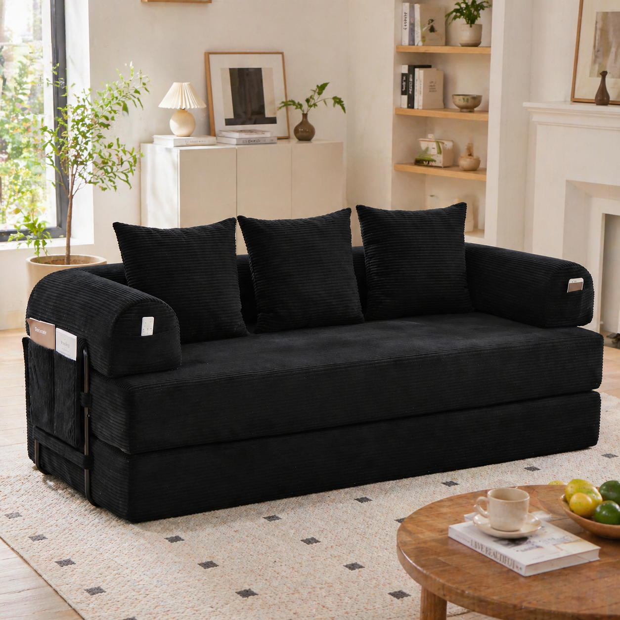 Składana sofa kompresyjna z solidną metalową ramą, bocznymi kieszeniami i 3 poduszkami. Poszczególne krajobrazy salonów można dowolnie projektować.