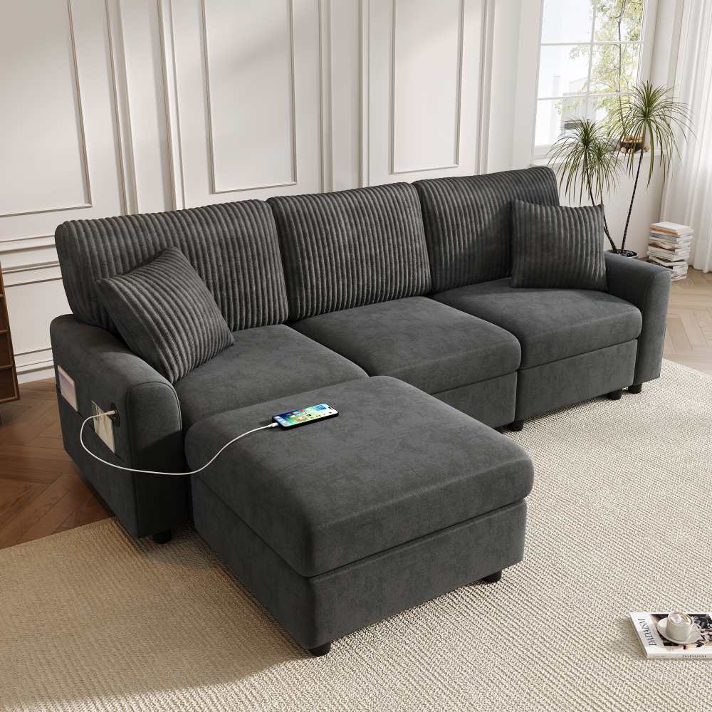 Nowoczesna sofa z szenili i sztruksu z pufem, portem USB typu C i poduszkami, 223 cm