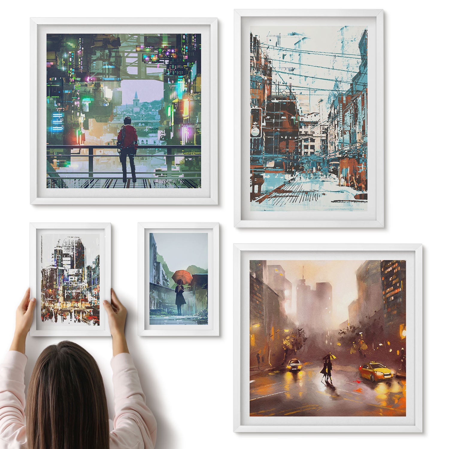 Galeria ścienna 5-częściowy komplet obrazów w białych ramach - Nowoczesne miejskie pejzaże z ulicami i postaciami - ArtPrintCave